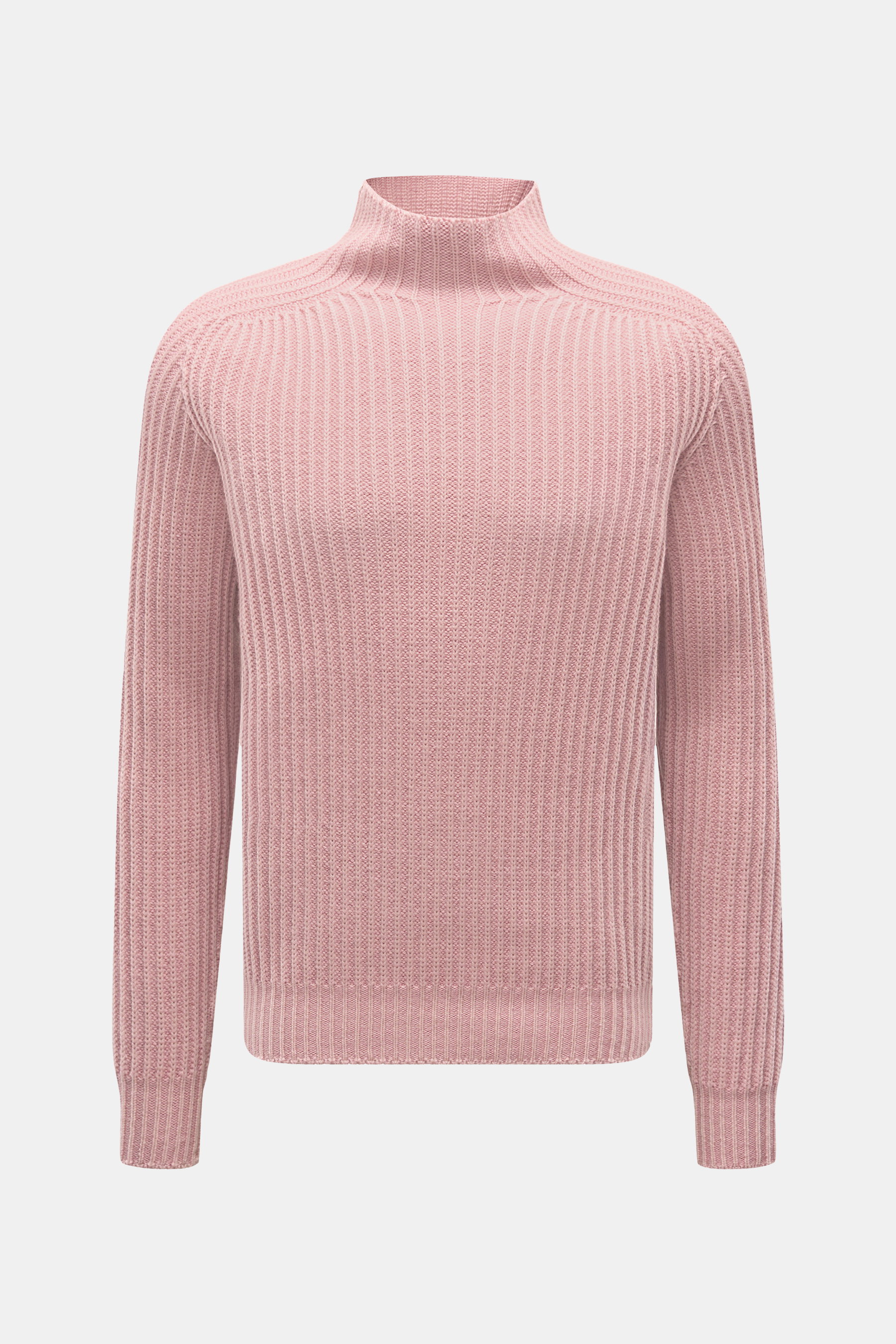 Frontale Nahaufnahme des 04651/ A trip in a bag Mock Neck Pullover 'Foggy Mock' altrosa mit Stehkragen, grobem Rippstrick, Slim Fit aus reiner Wolle.