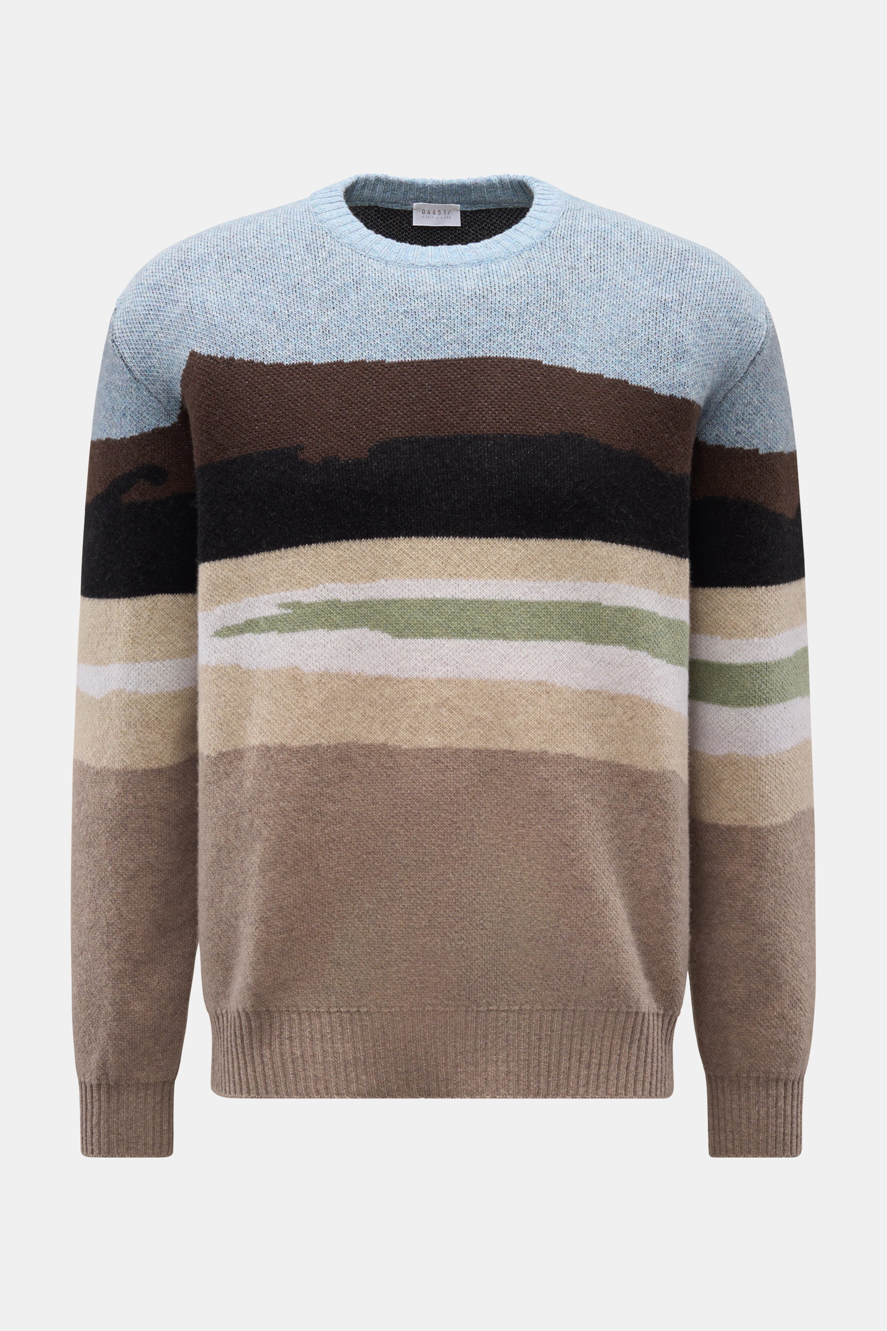 Frontale Aufnahme des 04651/ A trip in a bag Rundhalspullover 'Landscape Crew' taupe/beige/hellblau meliert mit Oversized Fit, weichem Woll-Cashmere-Mix und Landschafts-Jacquard-Design.