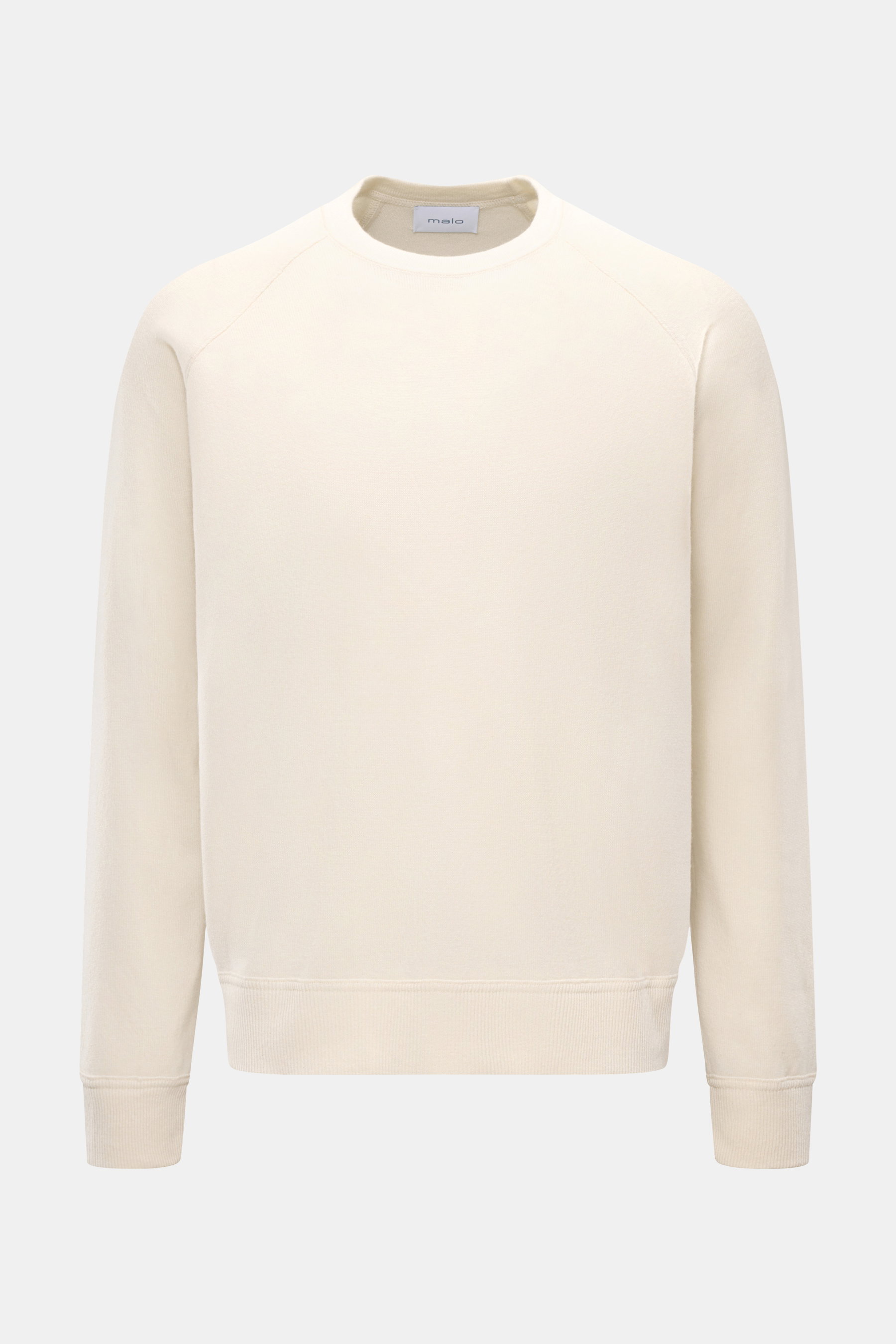 Malo Cashmere Rundhalspullover creme, frontale Aufnahme, minimalistischer Pullover aus reinem Cashmere mit Raglanärmeln, Rundhalsausschnitt, Rippbündchen, Regular Fit.