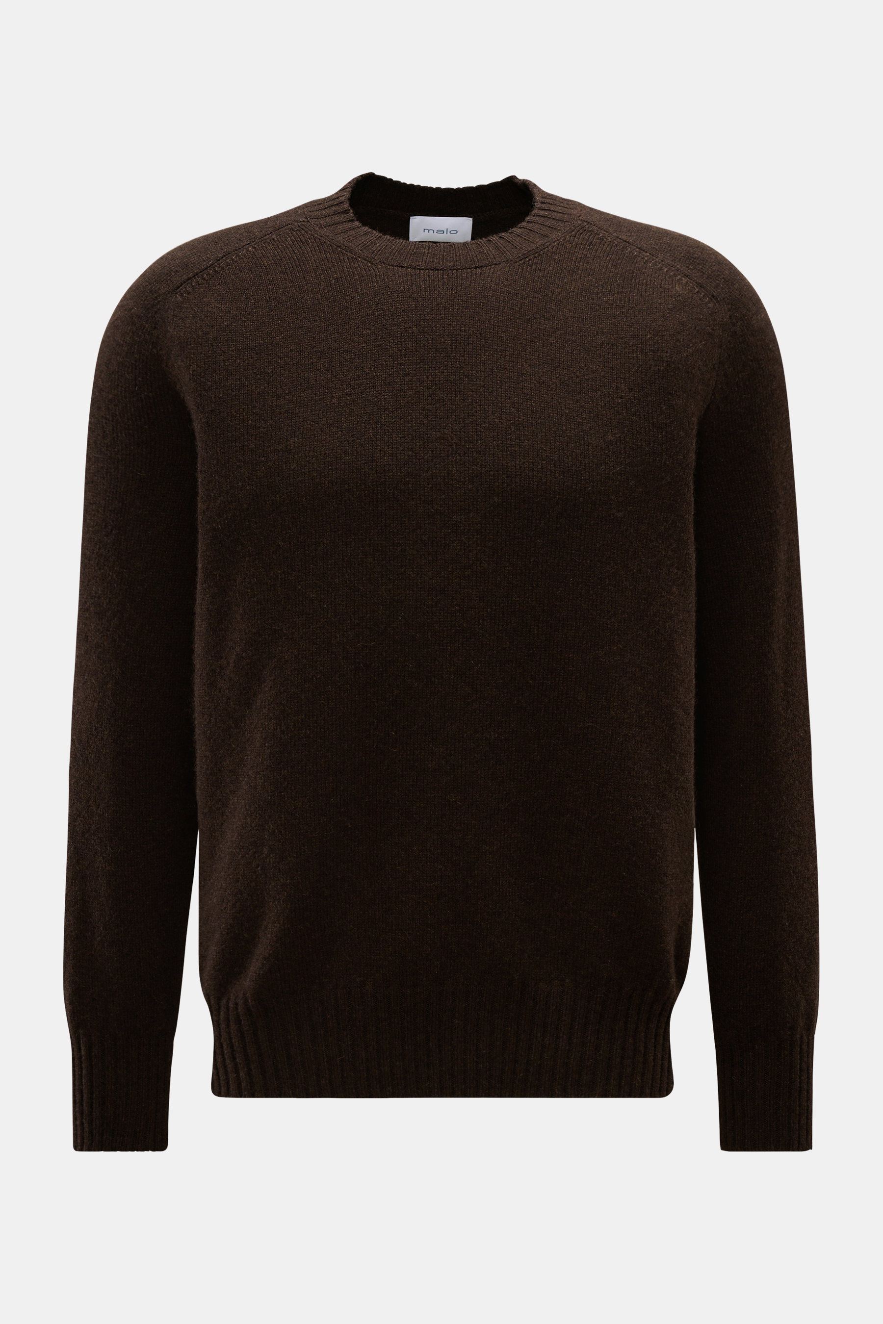 Malo Cashmere Rundhalspullover braun, frontal fotografiert, reiner Cashmere, sehr weicher Griff, mittelfeines Strickbild, Slim Fit, Rundhalsausschnitt, komfortable Rippbündchen.