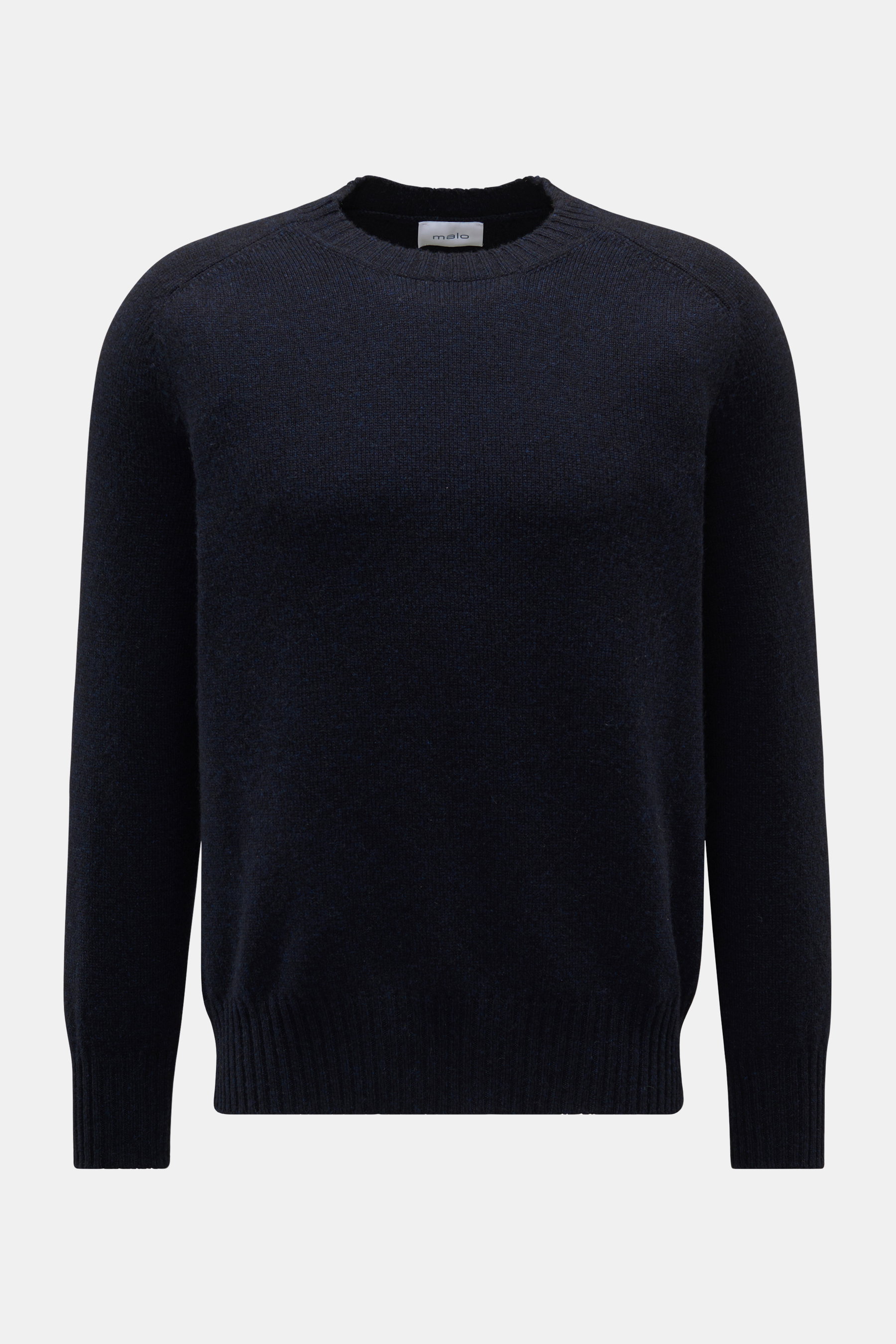 Malo Cashmere Rundhalspullover dark navy meliert, frontal fotografiert, reiner Cashmere, sehr weicher Griff, mittelfeines Strickbild, Slim Fit, Rundhalsausschnitt, komfortable Rippbündchen.