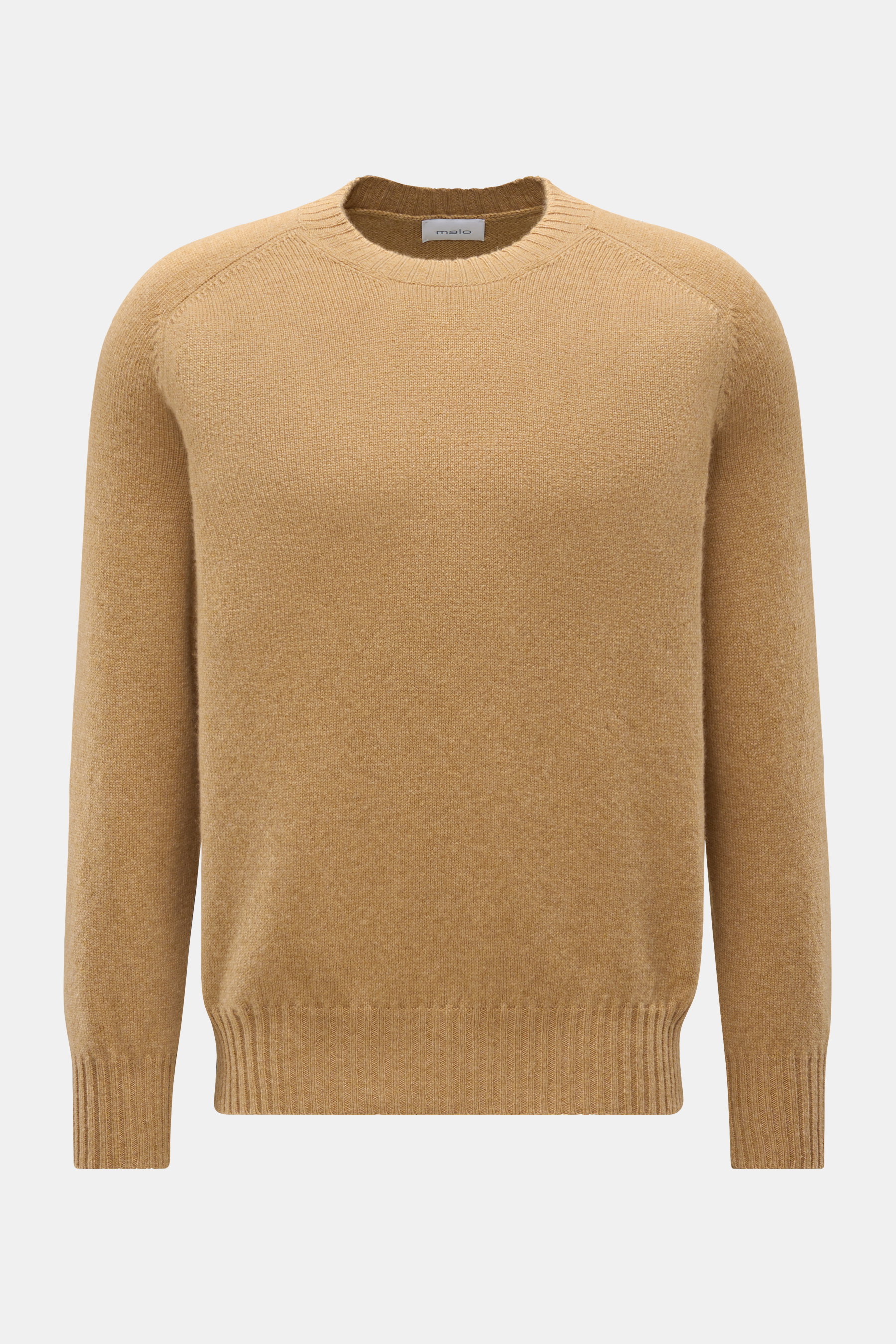 Malo Cashmere Rundhalspullover hellbraun, frontal fotografiert, reiner Cashmere, sehr weicher Griff, mittelfeines Strickbild, Slim Fit, Rundhalsausschnitt, komfortable Rippbündchen.