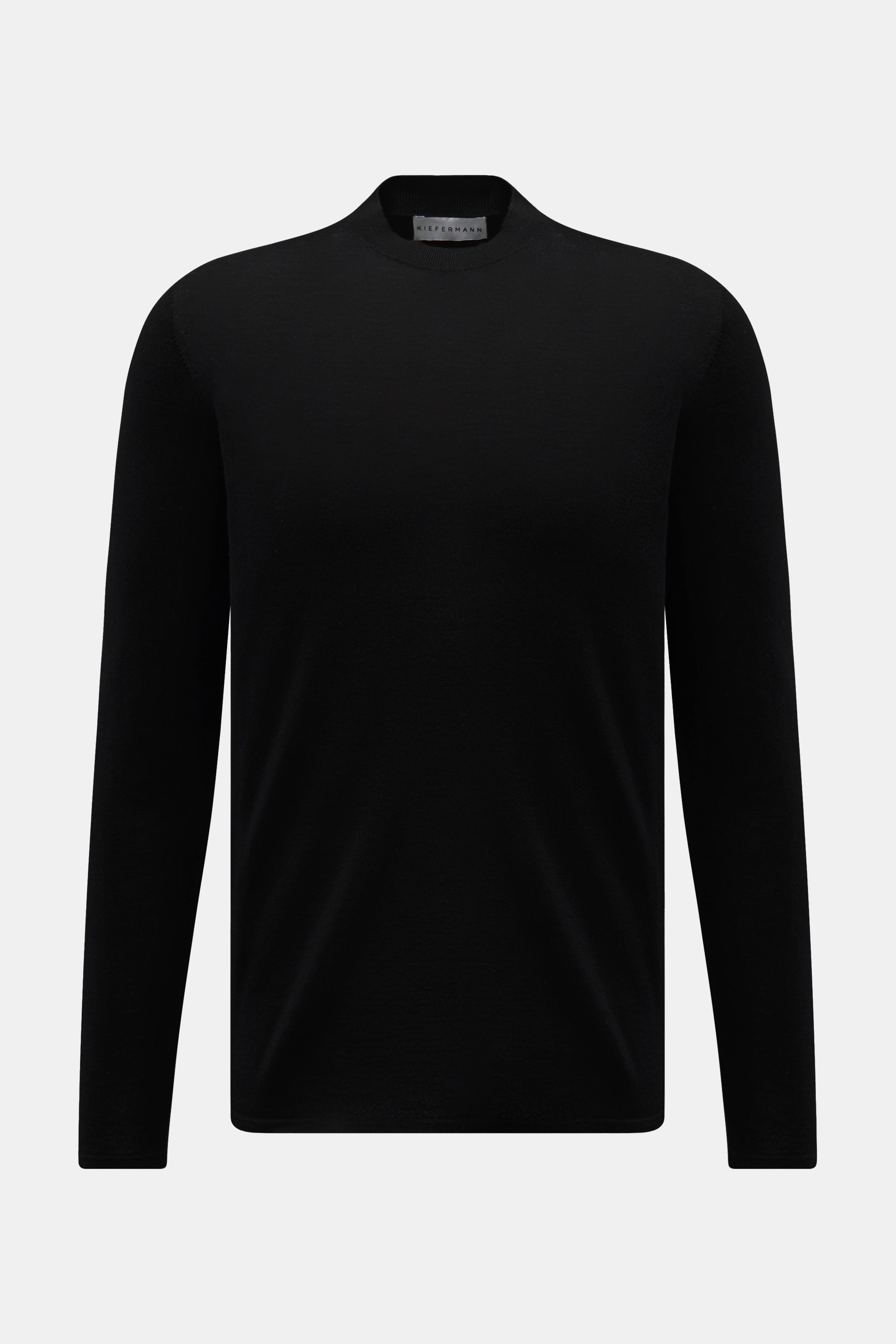 Kiefermann Merino Feinstrick-Pullover schwarz, frontale Ansicht, Slim Fit, hoher Rundhalsausschnitt, reine Merinowolle, superweicher Griff, sehr feines Strickbild, elastische Ärmelabschlüsse.