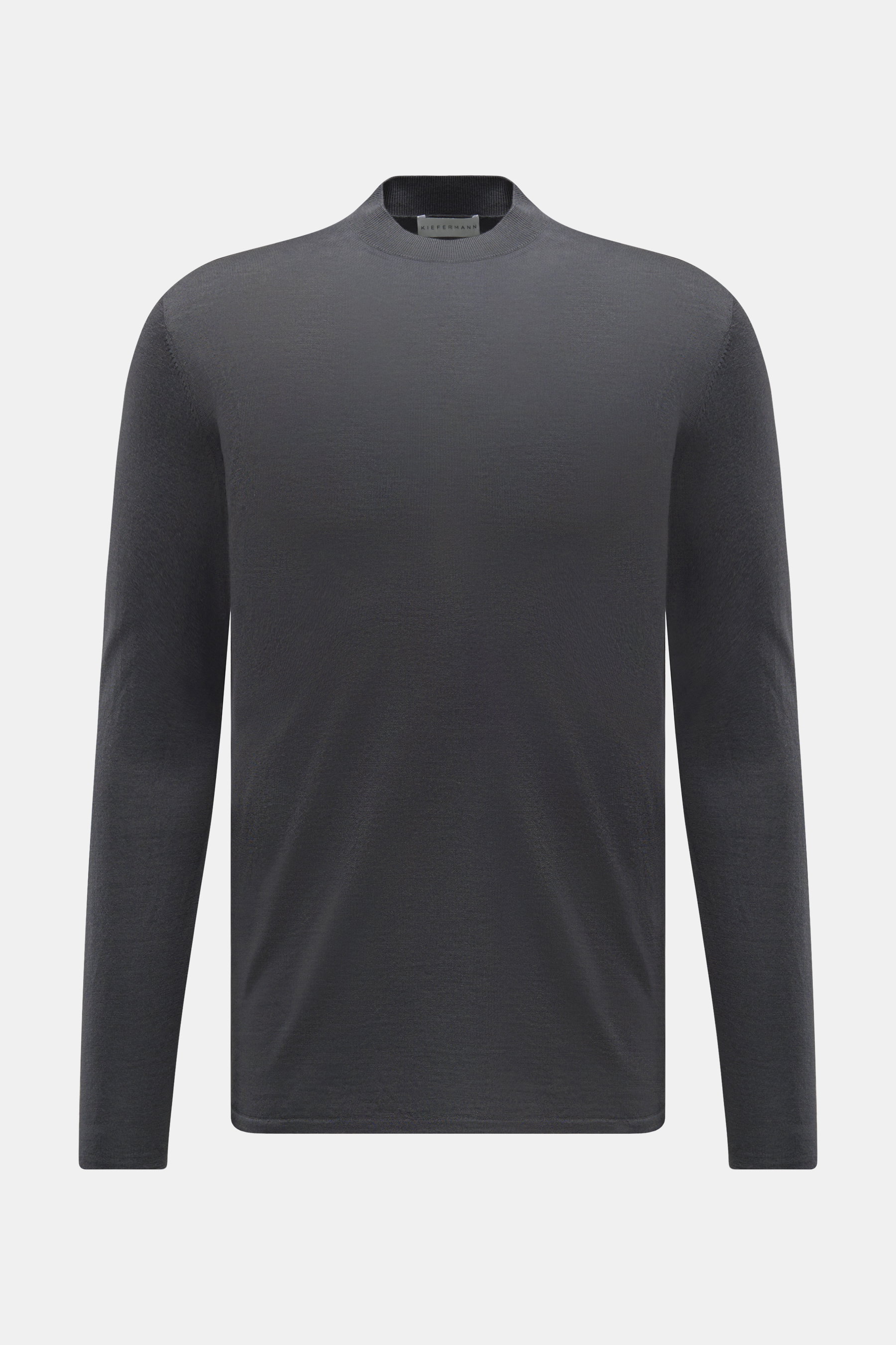 Kiefermann Merino Feinstrick-Pullover dunkelgrau, Slim Fit, reine Merinowolle, superweicher Griff, feines Strickbild, hoher Rundhalsausschnitt, elastische Ärmelabschlüsse, frontale Sicht.