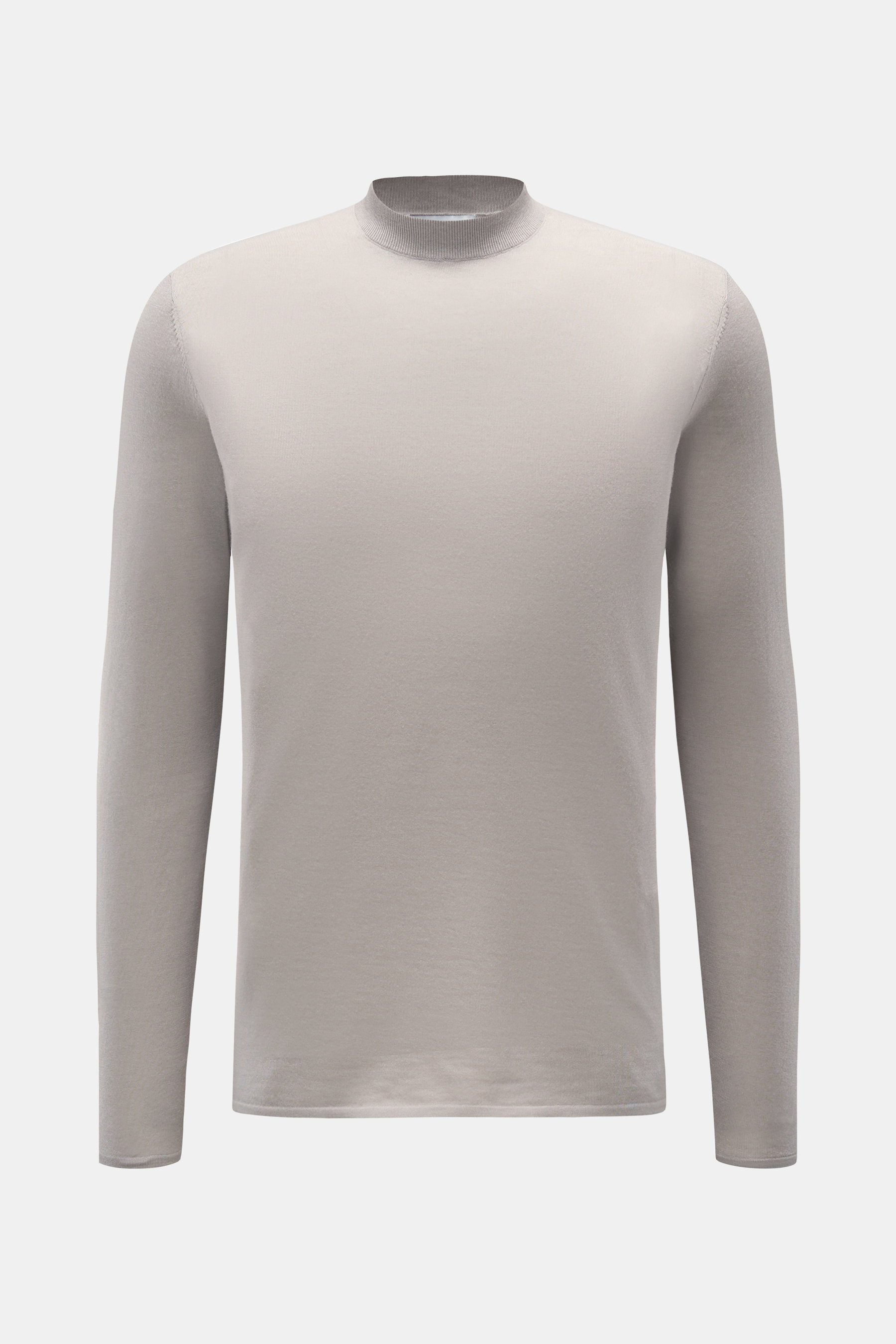 Kiefermann Merino Feinstrick-Pullover hellgrau, Slim Fit, reine Merinowolle, superweicher Griff, feines Strickbild, hoher Rundhalsausschnitt, elastische Ärmelabschlüsse, frontale Ansicht.