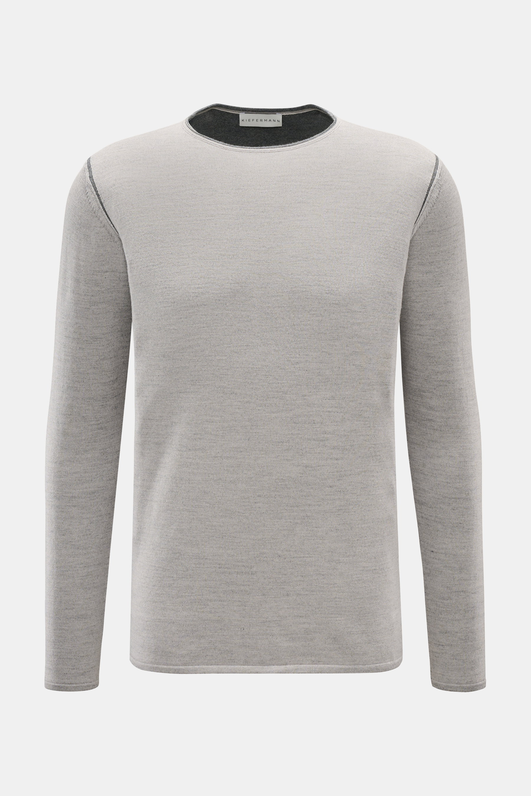 Kiefermann Merino Rundhalspullover 'Lutzs' hellgrau meliert, Slim Fit, aus weicher Merinowolle mit zweifarbigem Garn, Rundhalsausschnitt, von vorne fotografiert.