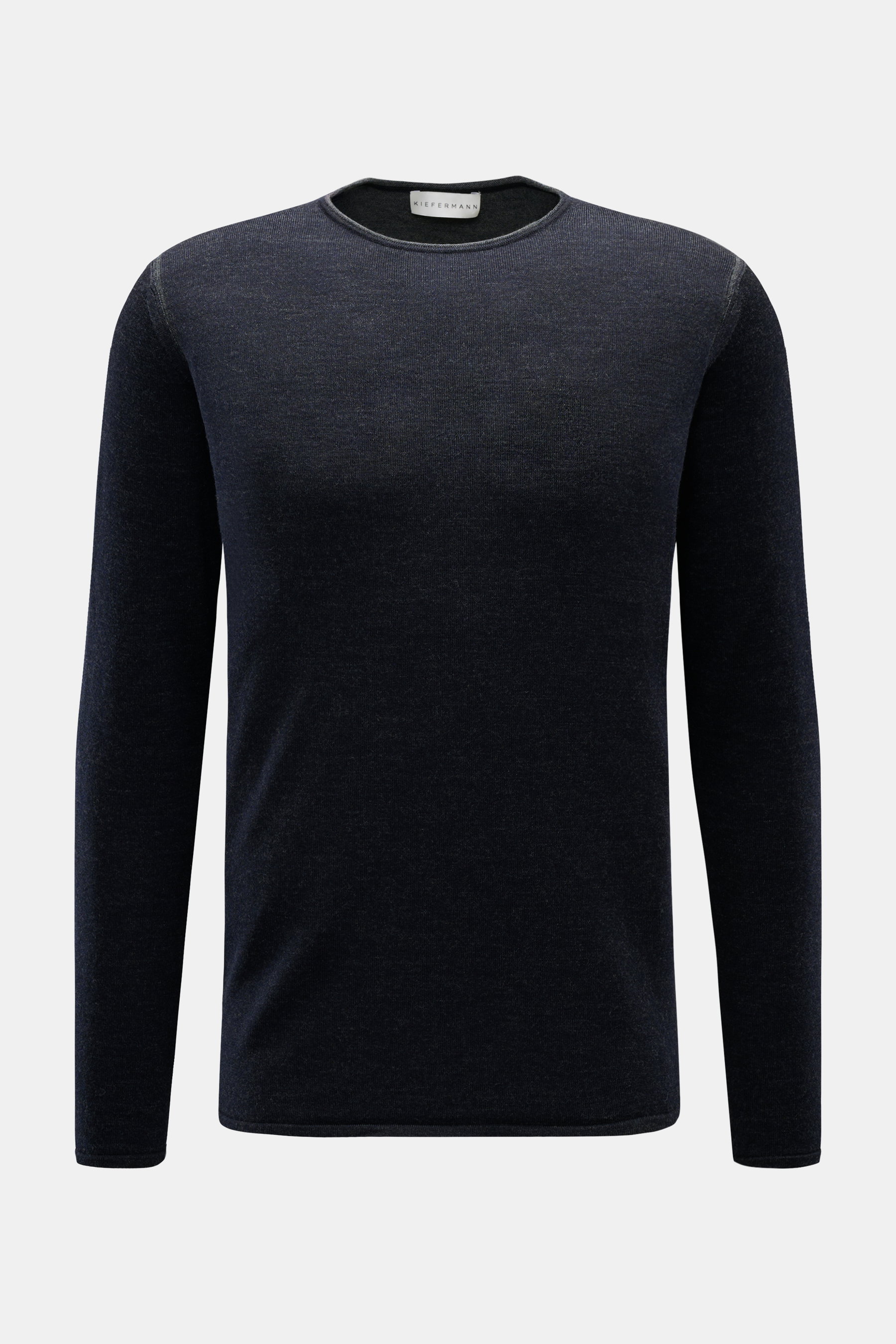 Kiefermann Merino Rundhalspullover 'Lutzs' dark navy meliert, Slim Fit, aus weicher Merinowolle, feines Strickbild, kontrastfarbige Details, frontal fotografiert.