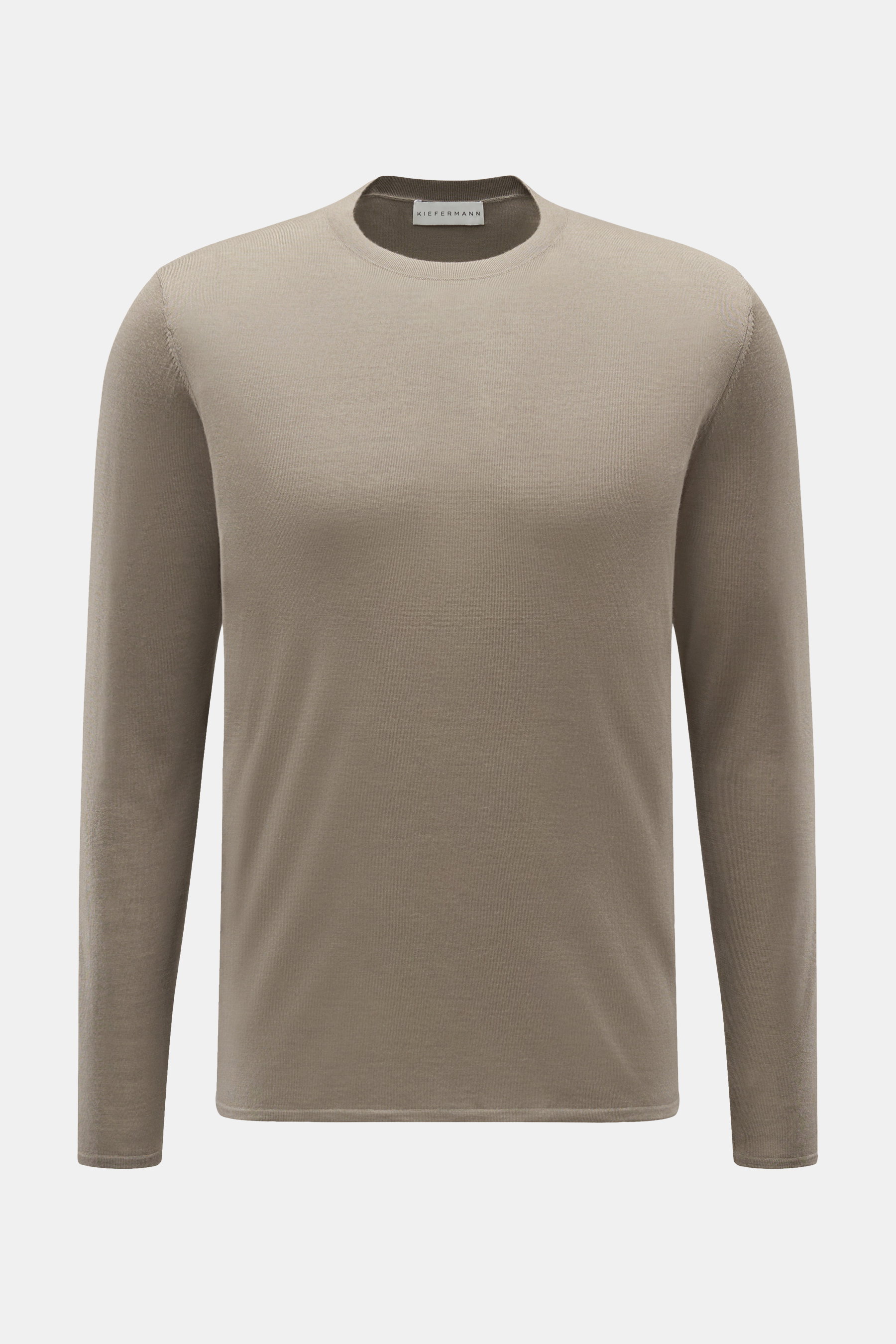 Kiefermann Merino Feinstrick-Pullover 'Marleys' taupe, frontal fotografiert, Slim Fit, reine Merinowolle, supersofter Griff, sehr feines Strickbild, klassischer Rundhalsausschnitt, elastische Saumabschlüsse.