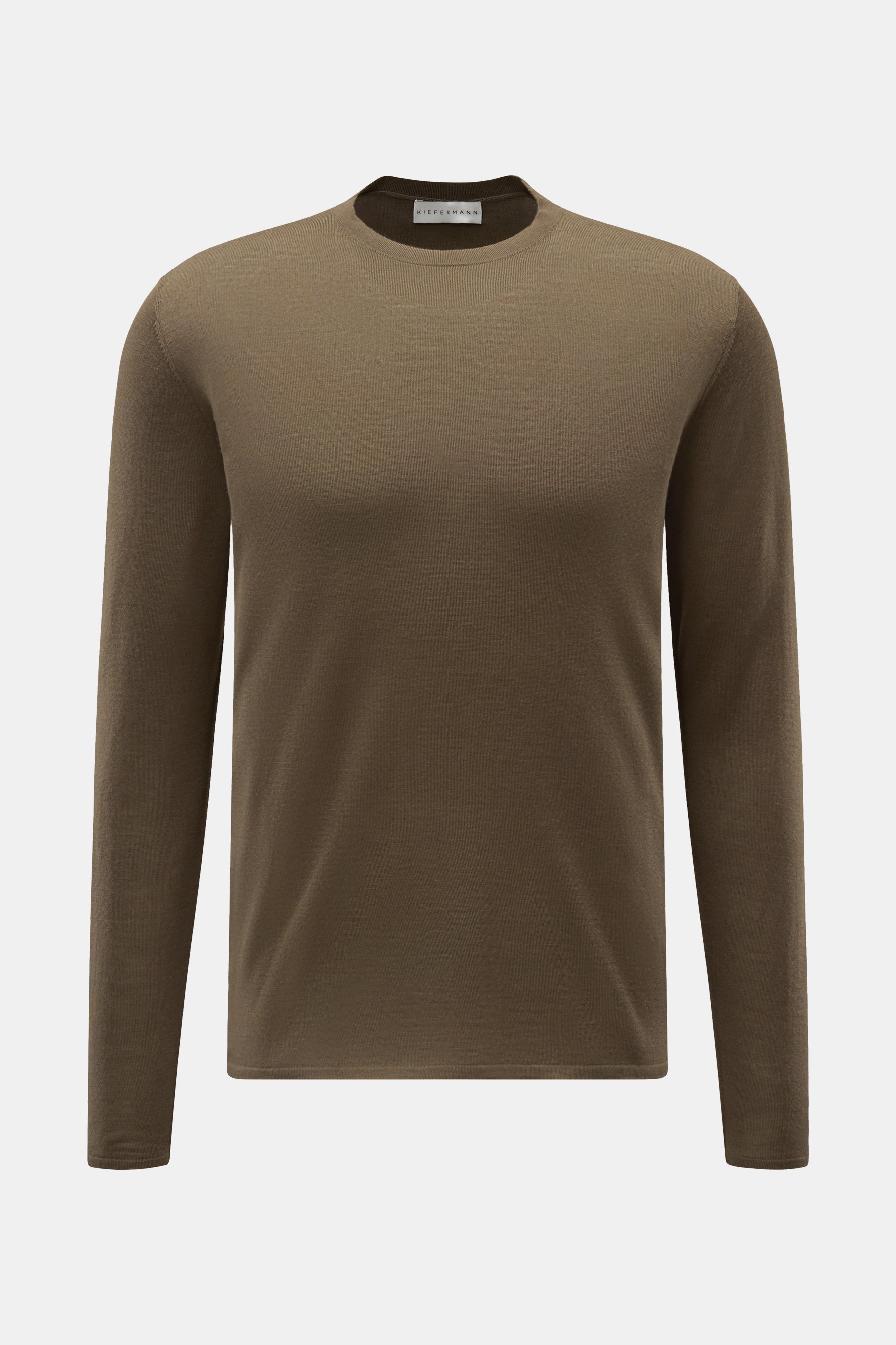 Kiefermann Merino Feinstrick-Pullover 'Marleys' dark olive, Slim Fit, reine Merinowolle, supersofter Griff, feines Strickbild, Rundhalsausschnitt, elastische Saumabschlüsse, frontale Ansicht.