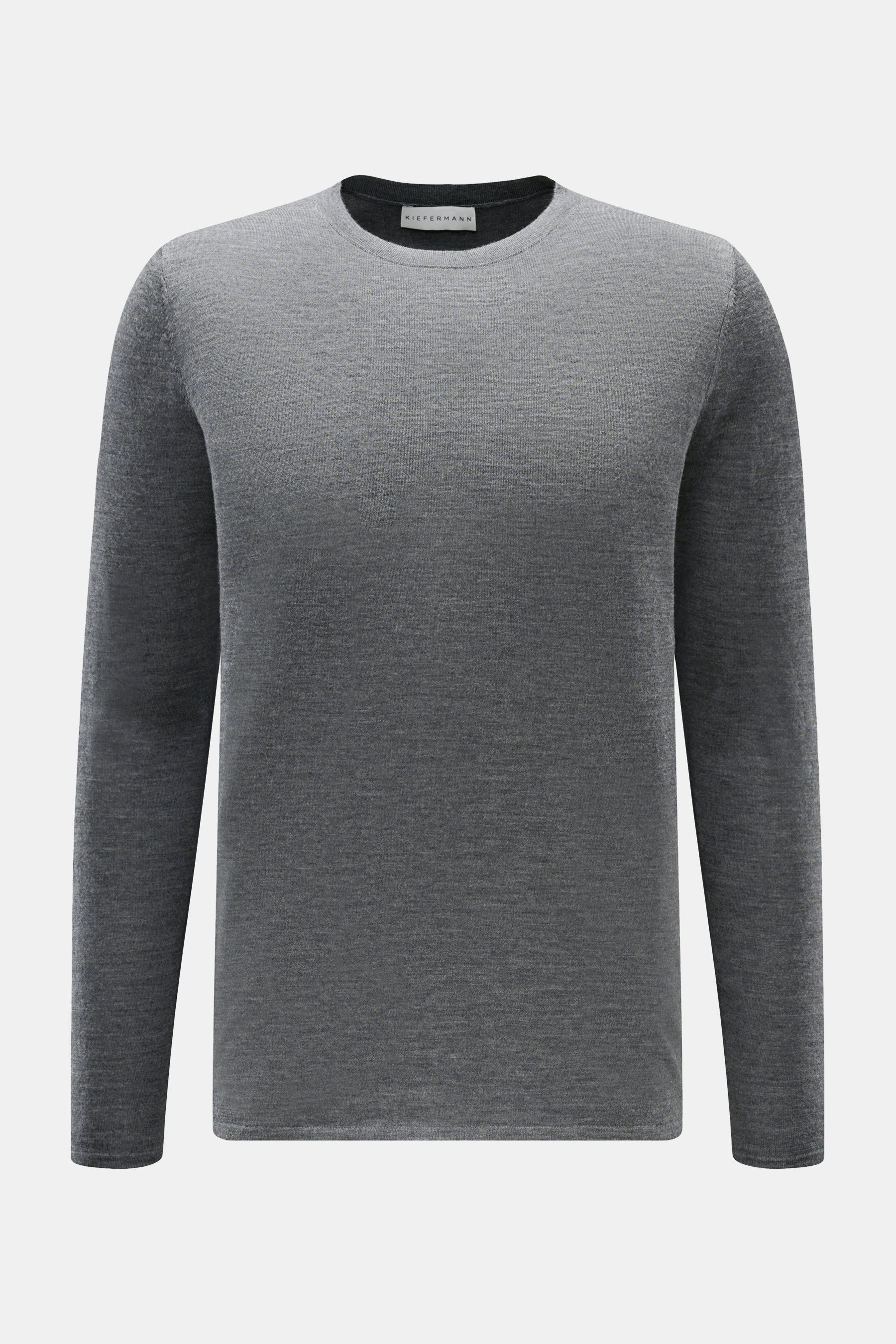 Kiefermann Merino Feinstrick-Pullover 'Marleys' dunkelgrau meliert, frontal fotografiert, Slim Fit, reine Merinowolle, supersofter Griff, feines Strickbild, Rundhalsausschnitt, elastische Saumabschlüsse.