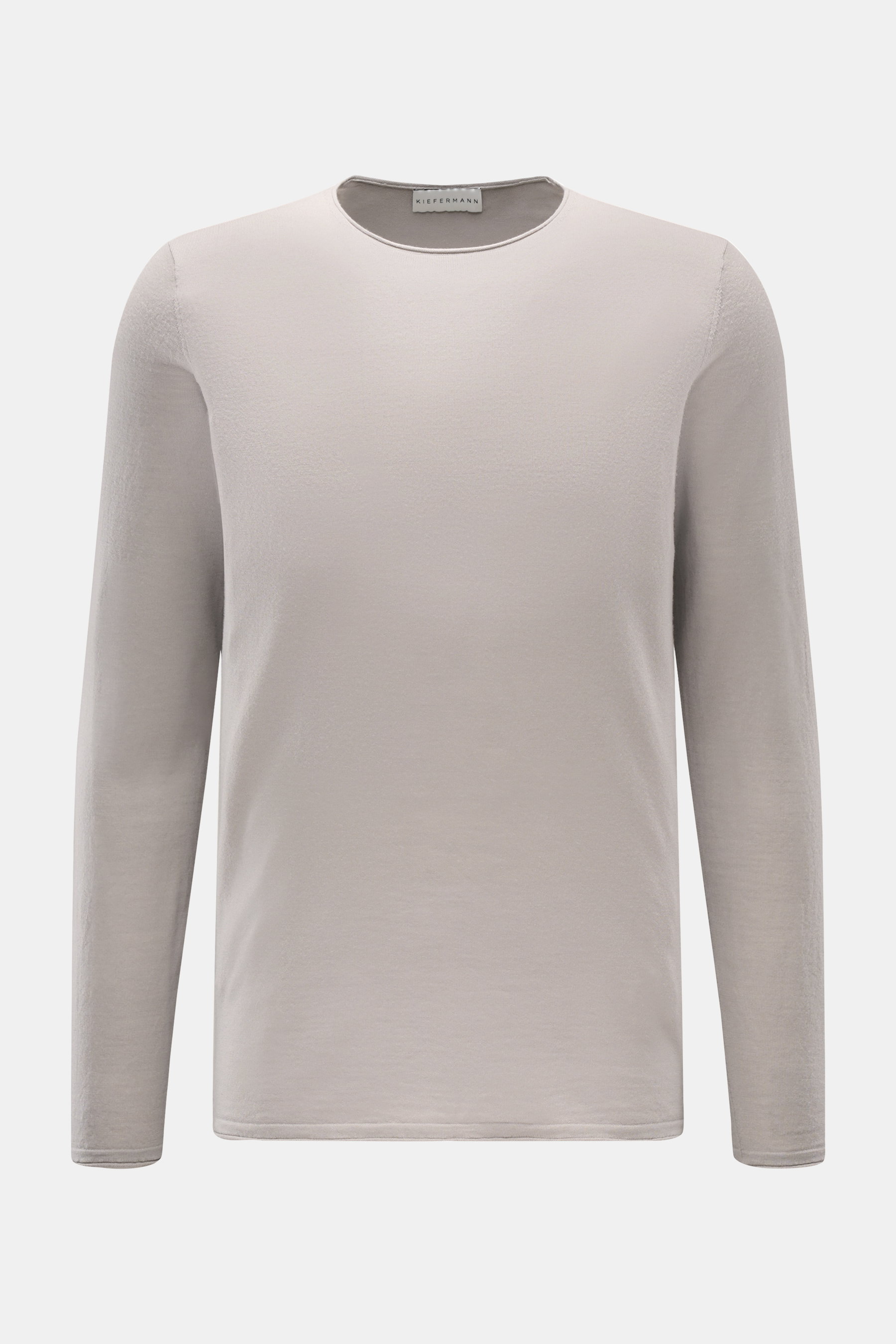 Kiefermann Merino Feinstrick-Pullover 'Benjaminn' hellgrau, Slim Fit, reine Merinowolle, superweicher Griff, feines Strickbild, Rundhalsausschnitt, rollierte Kanten, frontale Ansicht.