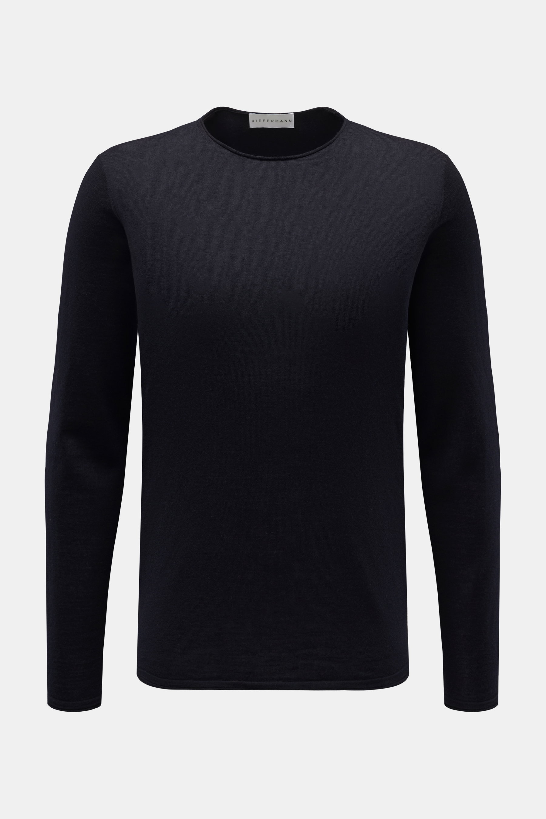Kiefermann Merino Feinstrick-Pullover 'Benjaminn' navy, frontale Ansicht, Slim Fit, reine Merinowolle, superweicher Griff, sehr feines Strickbild, Rundhalsausschnitt, offene rollierte Kanten.