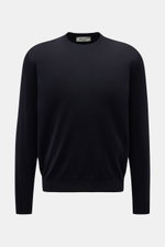 Front view of Filippo de Laurentiis Merino fine knit crew neck jumper dark navy, a classic lightweight jumper in pure Super 120's merino wool with a very soft feel, very fine knit, regular fit, and flexible ribbed bands. 

Description: 
<p>A classic: This
