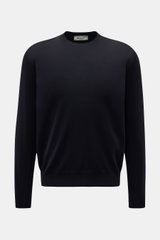 Front view of Filippo de Laurentiis Merino fine knit crew neck jumper dark navy, a classic lightweight jumper in pure Super 120's merino wool with a very soft feel, very fine knit, regular fit, and flexible ribbed bands. 

Description: 
<p>A classic: This