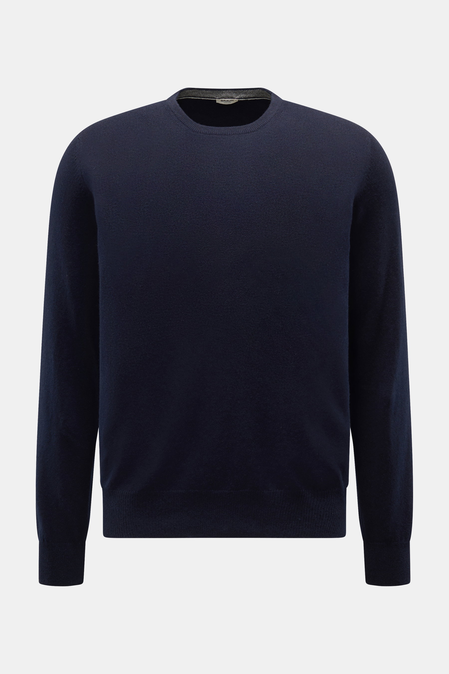 Gran Sasso Rundhalspullover navy, frontal fotografiert, feines Strickbild, Slim Fit, Rundhalsausschnitt, Rippbündchen, Materialmix aus Schurwolle, Cashmere und Viskose, weicher Griff, elegante, zurückhaltende Optik.