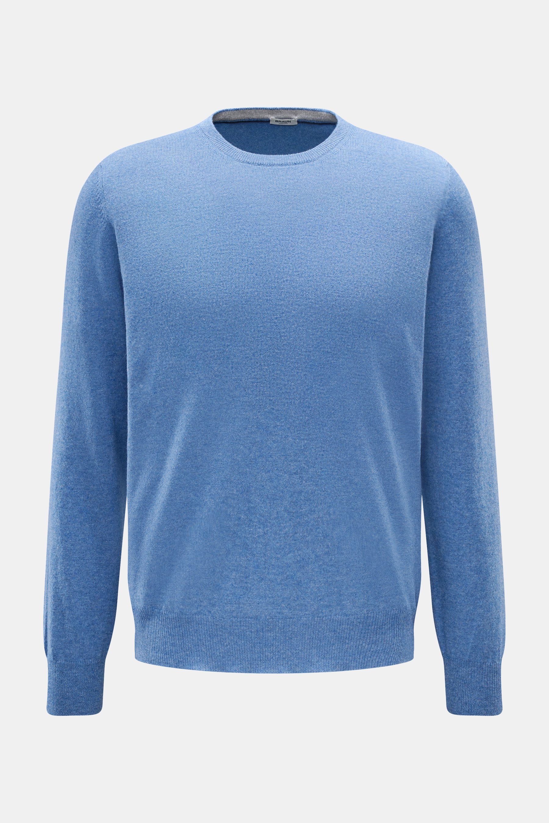 Gran Sasso Rundhalspullover graublau, frontal fotografiert, feines Strickbild, Rundhalsausschnitt, Regular Fit, Schurwolle, Cashmere, Viskose.
