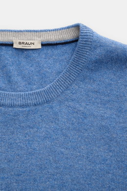 Gran Sasso Rundhalspullover graublau, feines Strickbild, weicher Mix aus Schurwolle, Cashmere, Viskose, Rundhalsausschnitt, Rippbündchen, Nahaufnahme von oben