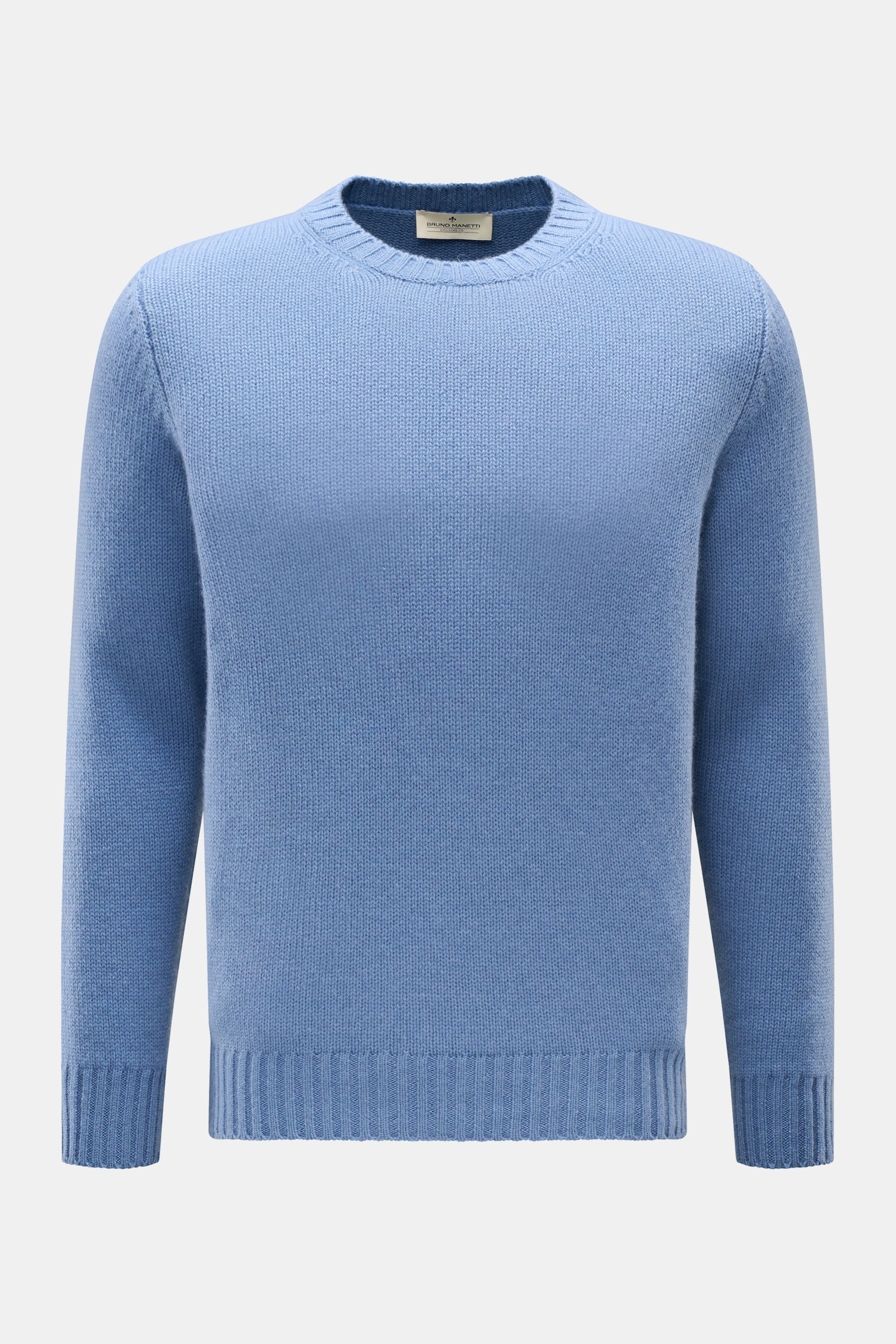 Bruno Manetti Cashmere Rundhalspullover graublau, Slim Fit, mittelfein gestrickt, weicher Griff, Rundhalsausschnitt, Rippbündchen, Frontansicht.