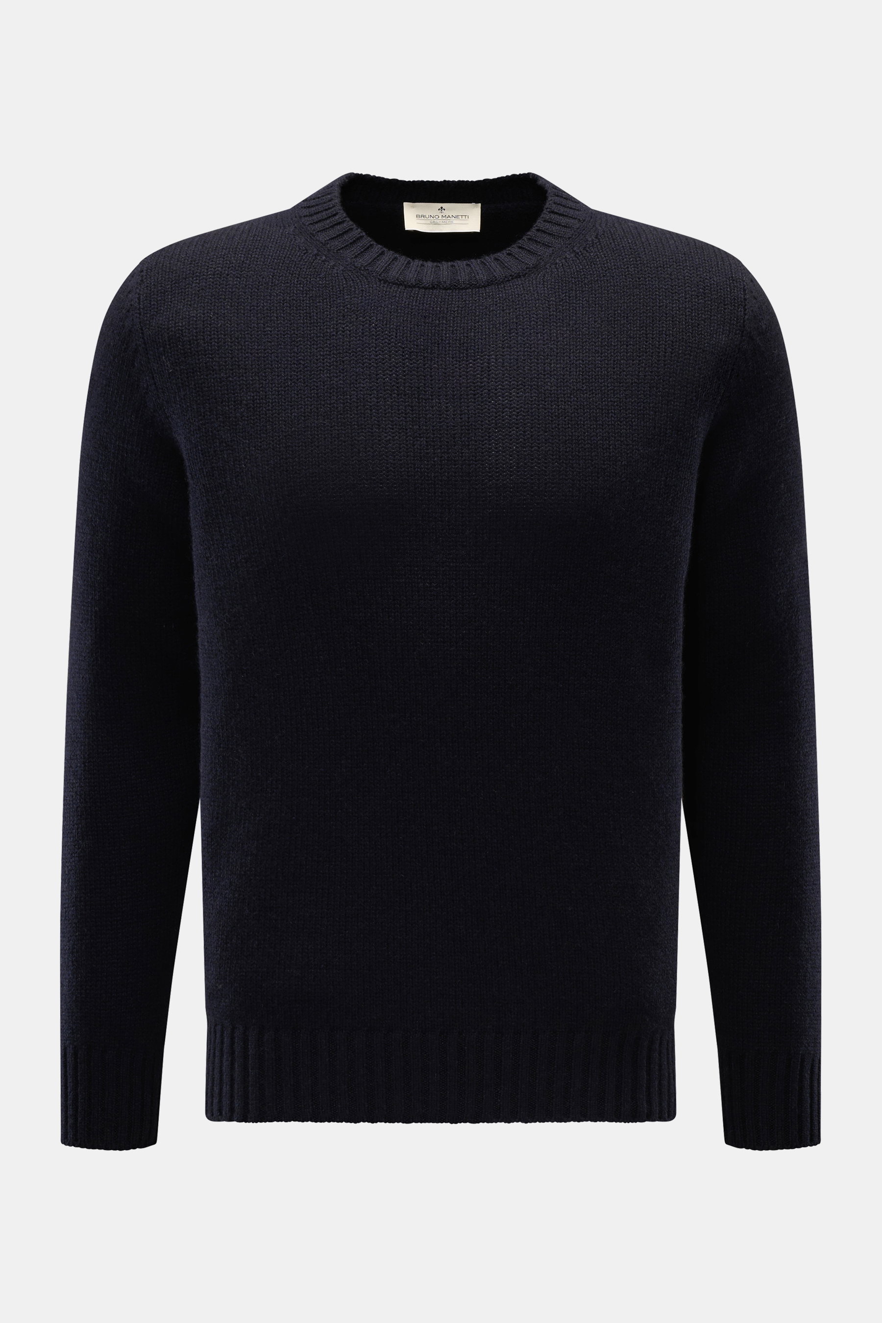 Bruno Manetti Cashmere Rundhalspullover navy, Slim Fit, mittelfeines Strickbild, Rippbündchen, weicher Griff, frontal fotografiert.