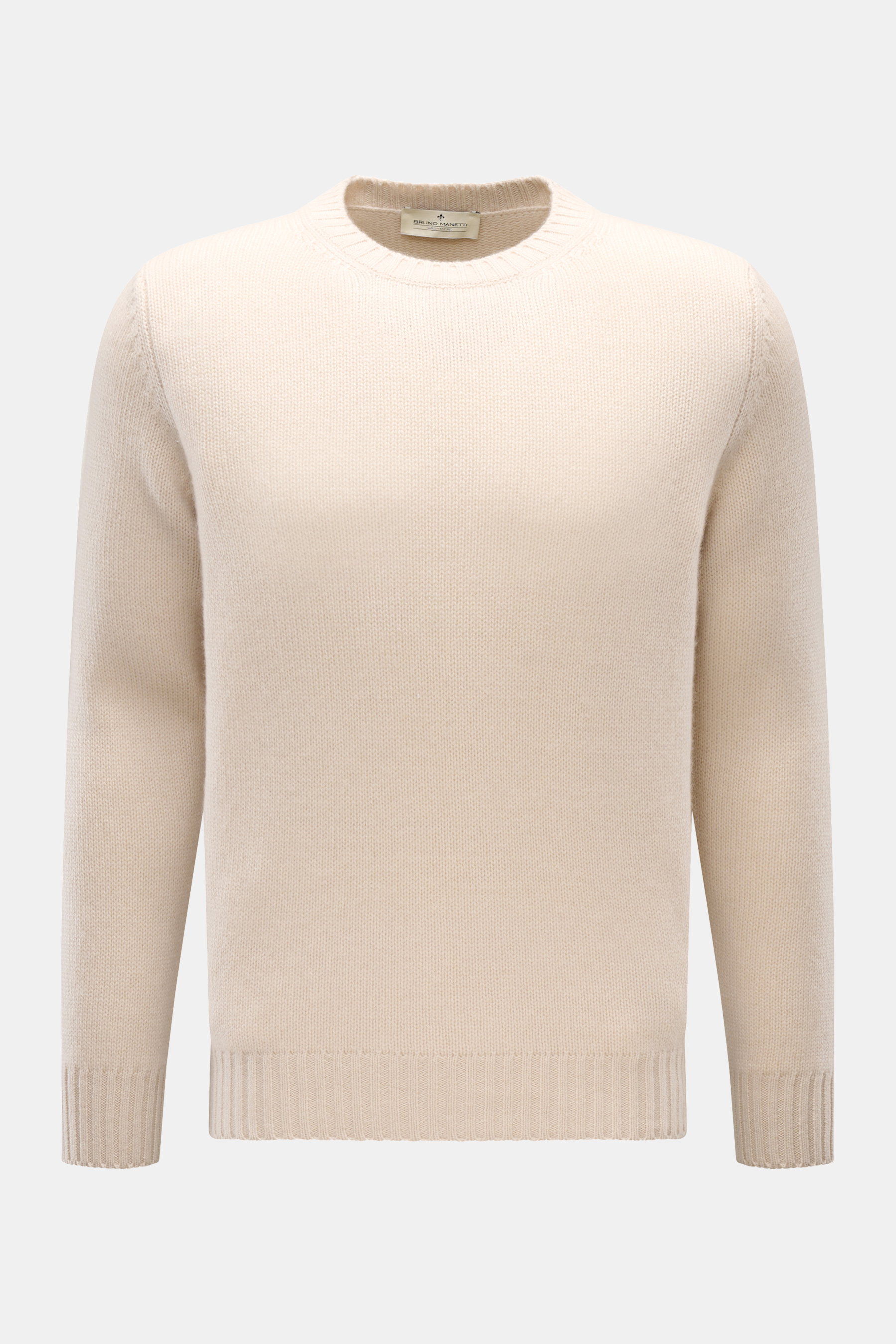 Beige Bruno Manetti Cashmere Rundhalspullover in Slim Fit, mittelfeines Strickbild, weicher Griff, Rundhalsausschnitt, Rippbündchen, frontale Ansicht.