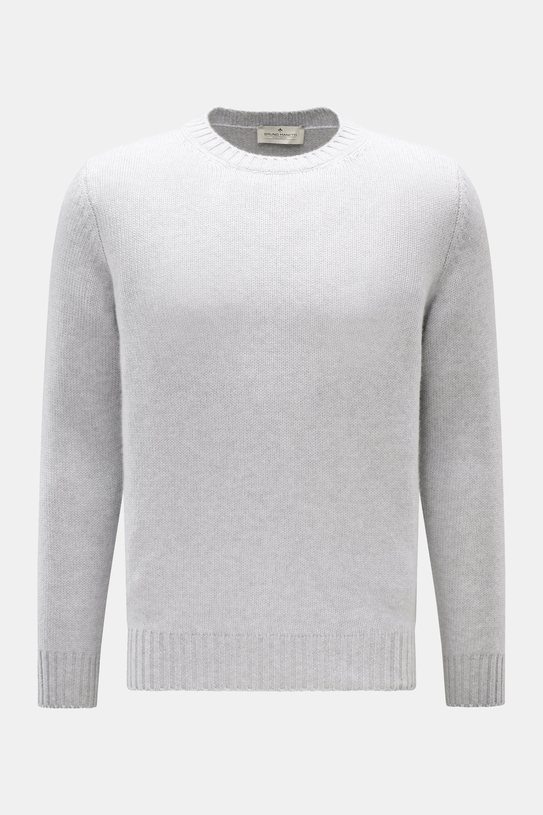 Bruno Manetti Cashmere Rundhalspullover hellgrau, Slim Fit, mittelfeines Strickbild, weicher Griff, Rippbündchen, frontal fotografiert.