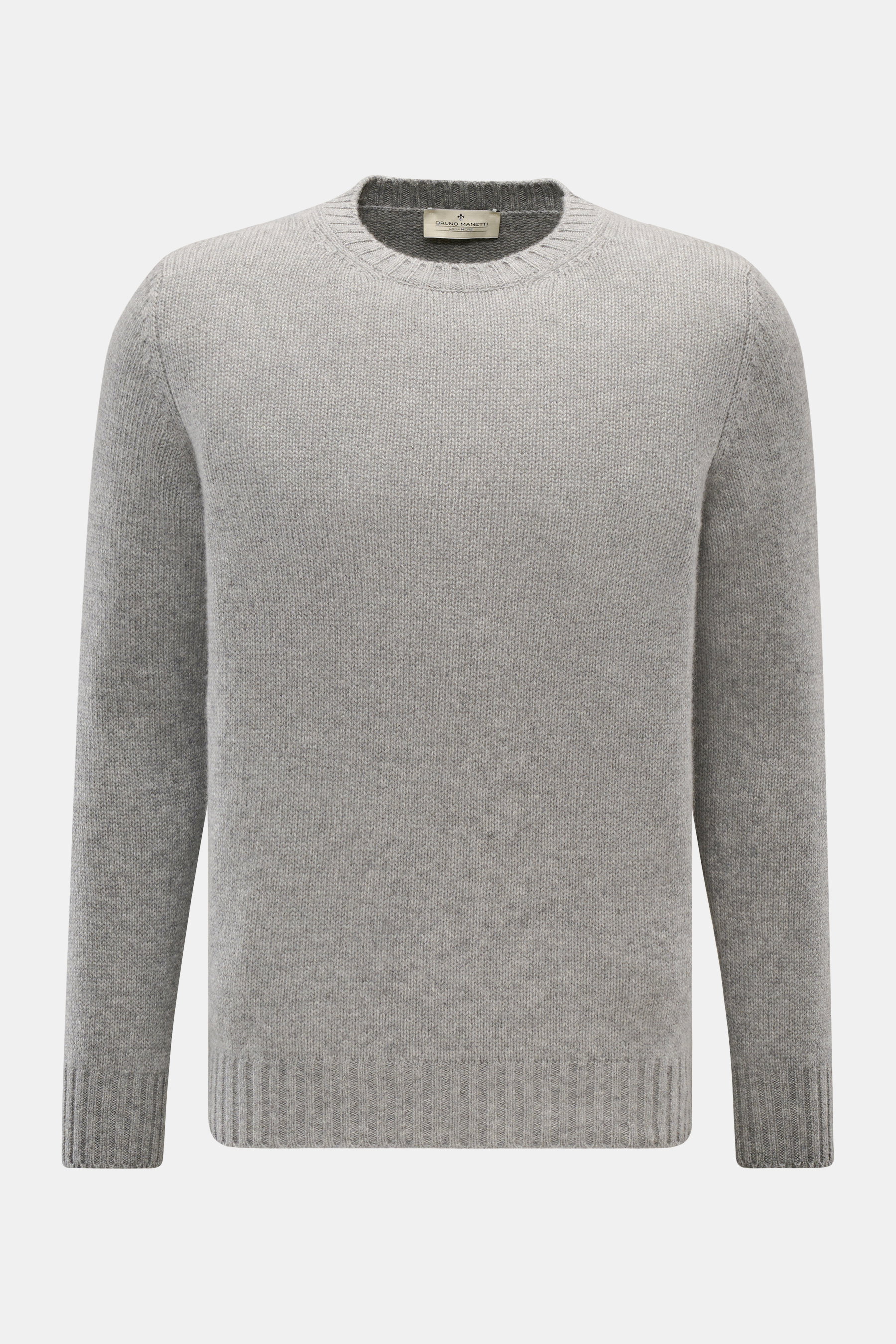 Bruno Manetti Cashmere Rundhalspullover grau meliert, Slim Fit, mittelfeiner Strick, weicher Griff, Rippbündchen, frontal fotografiert.