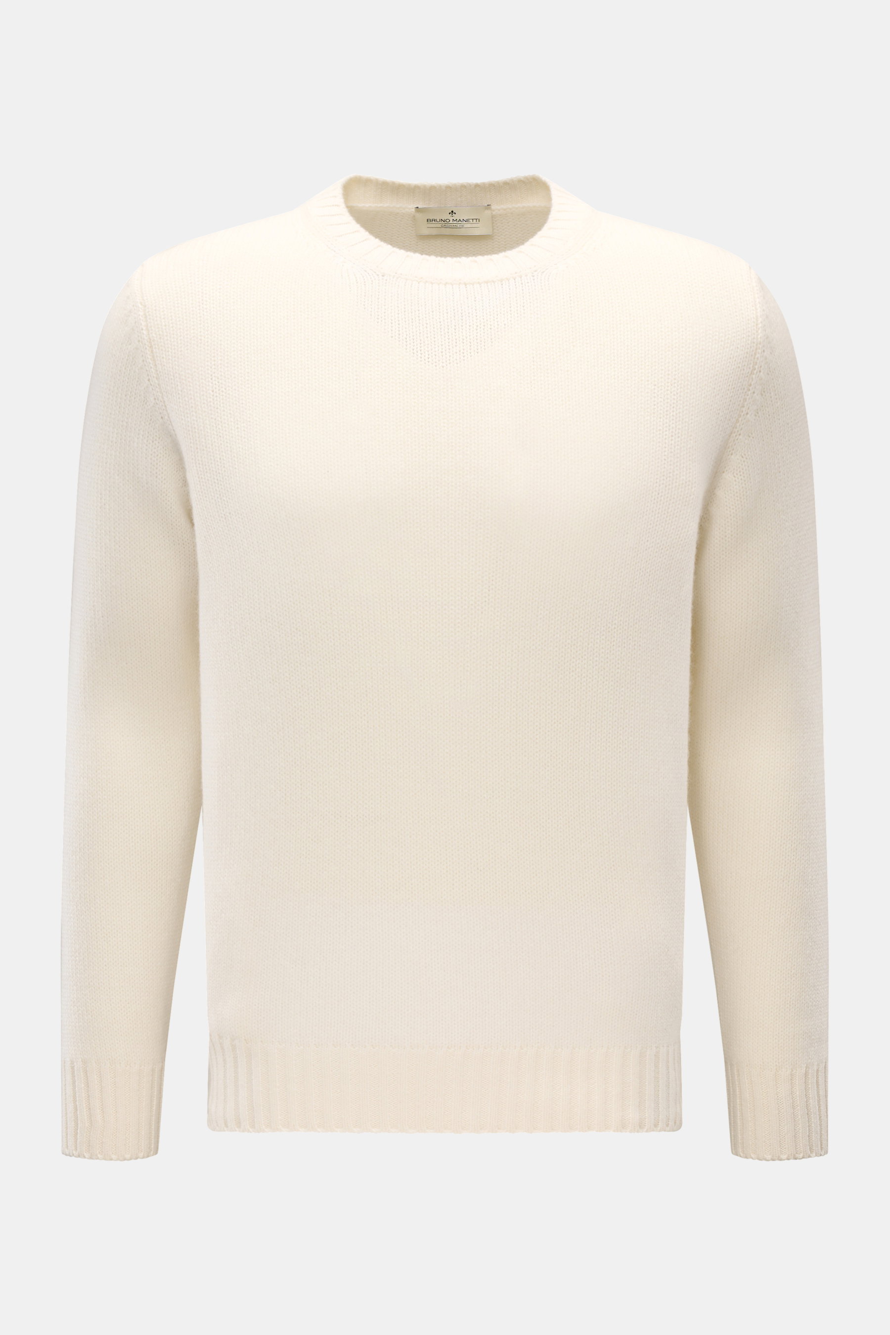 Bruno Manetti Cashmere Rundhalspullover creme, Slim Fit, mittelfeines Strickbild, weicher Griff, Rippbündchen, frontale Produktaufnahme.