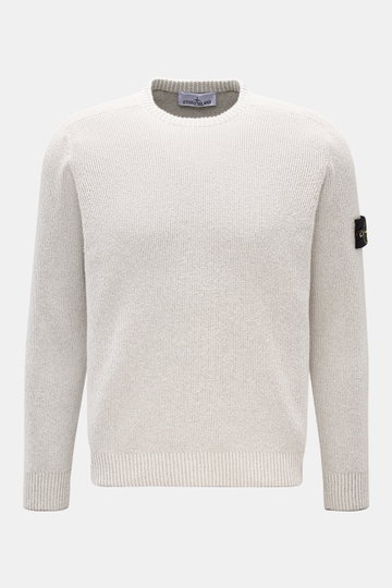 Stone Island Rundhalspullover offwhite shown from the front, a modern and innovative sporty crewneck sweater in ribbed loop yarn with slim fit, elastic cotton-microfiber blend, compass badge on upper arm, and comfortable ribbed cuffs. <p>Modern und innova