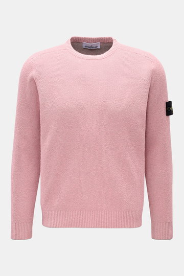 Stone Island Rundhalspullover rosé, Frontansicht, Rippstrick aus Loop-Garn, Slim Fit, Baumwoll-Microfaser-Mix, Kompass-Badge am Oberarm.