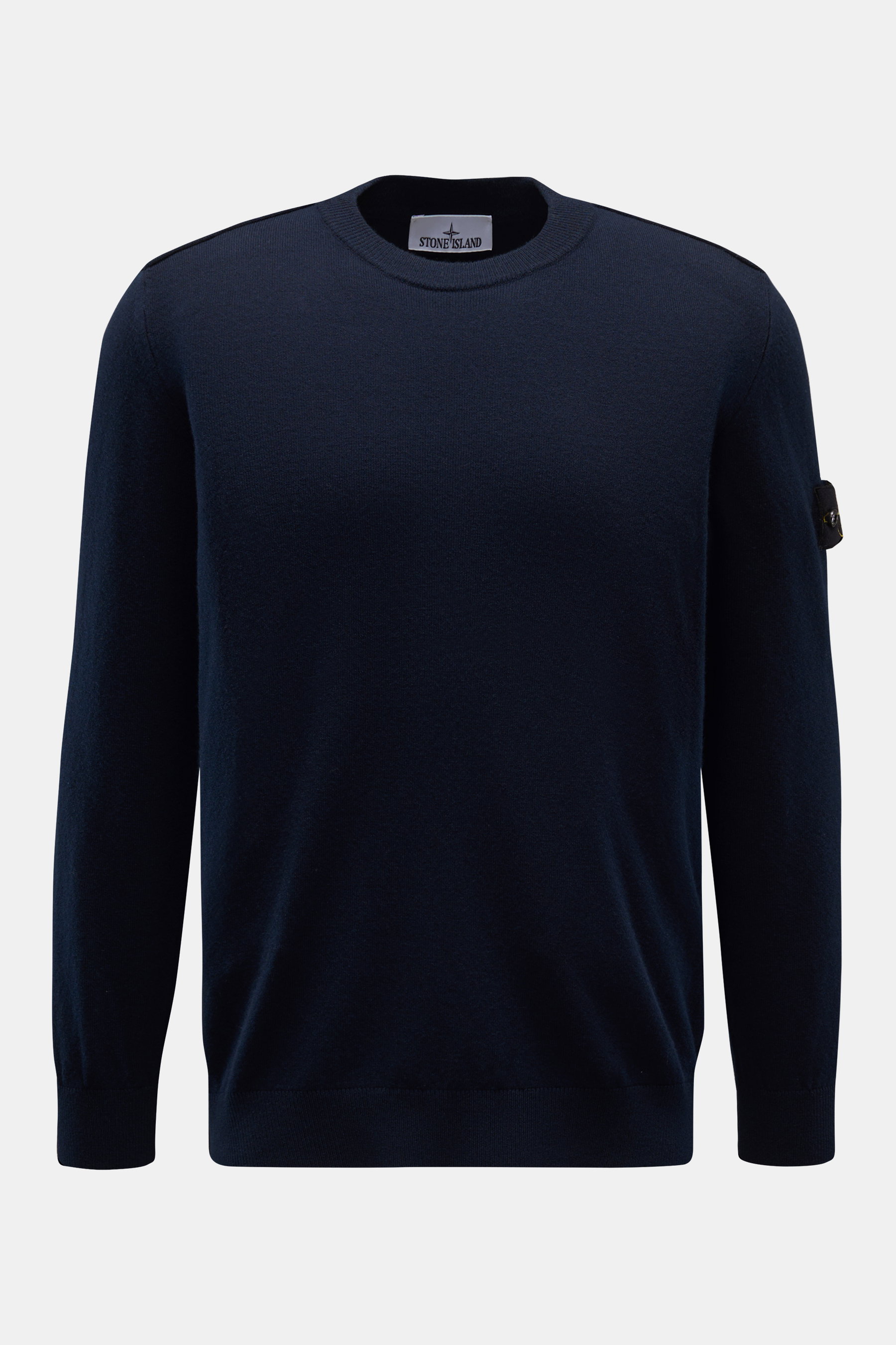 Stone Island Rundhalspullover navy, Frontansicht, klassischer Rundhalsausschnitt, reine Wolle, Regular Fit, tonales Kompass-Badge am Oberarm.