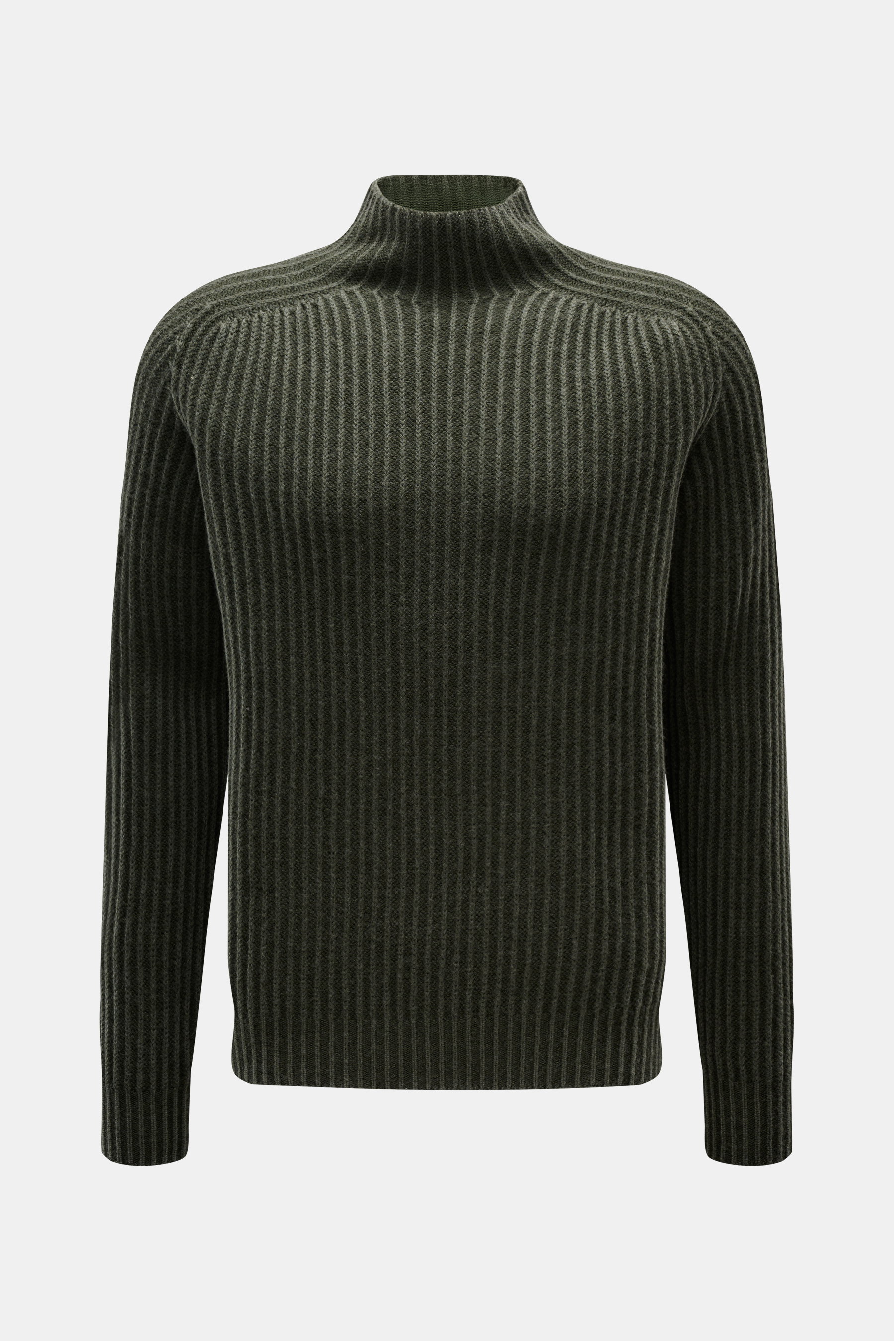 04651/ A trip in a bag Mock Neck Pullover 'Foggy Mock' dunkelgrün, frontale Ansicht, Slim Fit, Stehkragen, grobes Rippstrickmuster, reine Wolle, weicher Griff.