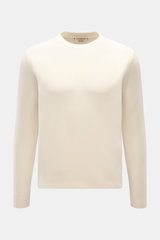 Fioroni Cashmere Rundhalspullover creme, Slim Fit, aus reinem Baby-Cashmere, feines Strickbild, Rundhalsausschnitt, flexible Rippbündchen, frontal fotografiert.