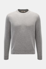 Front view of Fioroni Cashmere crew neck jumper grey mottled, showcasing its slim fit, fine knit, flexible ribbed bands, and crew neck. Luxury you can feel: This jumper by FIORONI embodies the best of Italian knitwear and has an exceptionally soft feel th