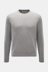 Front view of Fioroni Cashmere crew neck jumper grey mottled, showcasing its slim fit, fine knit, flexible ribbed bands, and crew neck. Luxury you can feel: This jumper by FIORONI embodies the best of Italian knitwear and has an exceptionally soft feel th