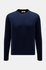 Front view of Fioroni Cashmere crew neck jumper navy, made from pure baby cashmere with a very soft feel, fine knit, slim fit, crew neck, and flexible ribbed bands. Luxury you can feel: This jumper by FIORONI embodies the best of Italian knitwear and has 