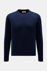 Front view of Fioroni Cashmere crew neck jumper navy, made from pure baby cashmere with a very soft feel, fine knit, slim fit, crew neck, and flexible ribbed bands. Luxury you can feel: This jumper by FIORONI embodies the best of Italian knitwear and has 