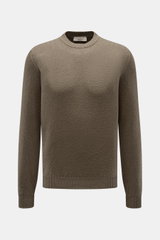 Front view of Fioroni Crew neck jumper olive, a slim fit, medium-fine knit crew neck sweater with flexible ribbed bands, pure cotton, soft feel, for stylish office or downtime outfits.