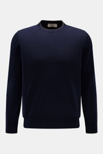 Fioroni Cashmere Rundhalspullover navy, Slim Fit, reiner Cashmere, weiches, feines Strickbild, Rundhals, flexible Rippbündchen, Frontalansicht.
