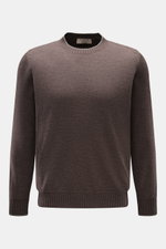 Fioroni Cashmere Rundhalspullover dunkelbraun meliert, Slim Fit, feines Strickbild, weiche Haptik, flexible Rippbündchen, frontal fotografiert.