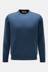Fioroni Cashmere Rundhalspullover graublau, Slim Fit, reiner Cashmere, feines Strickbild, Rundhalsausschnitt, flexible Rippbündchen, frontale Aufnahme.