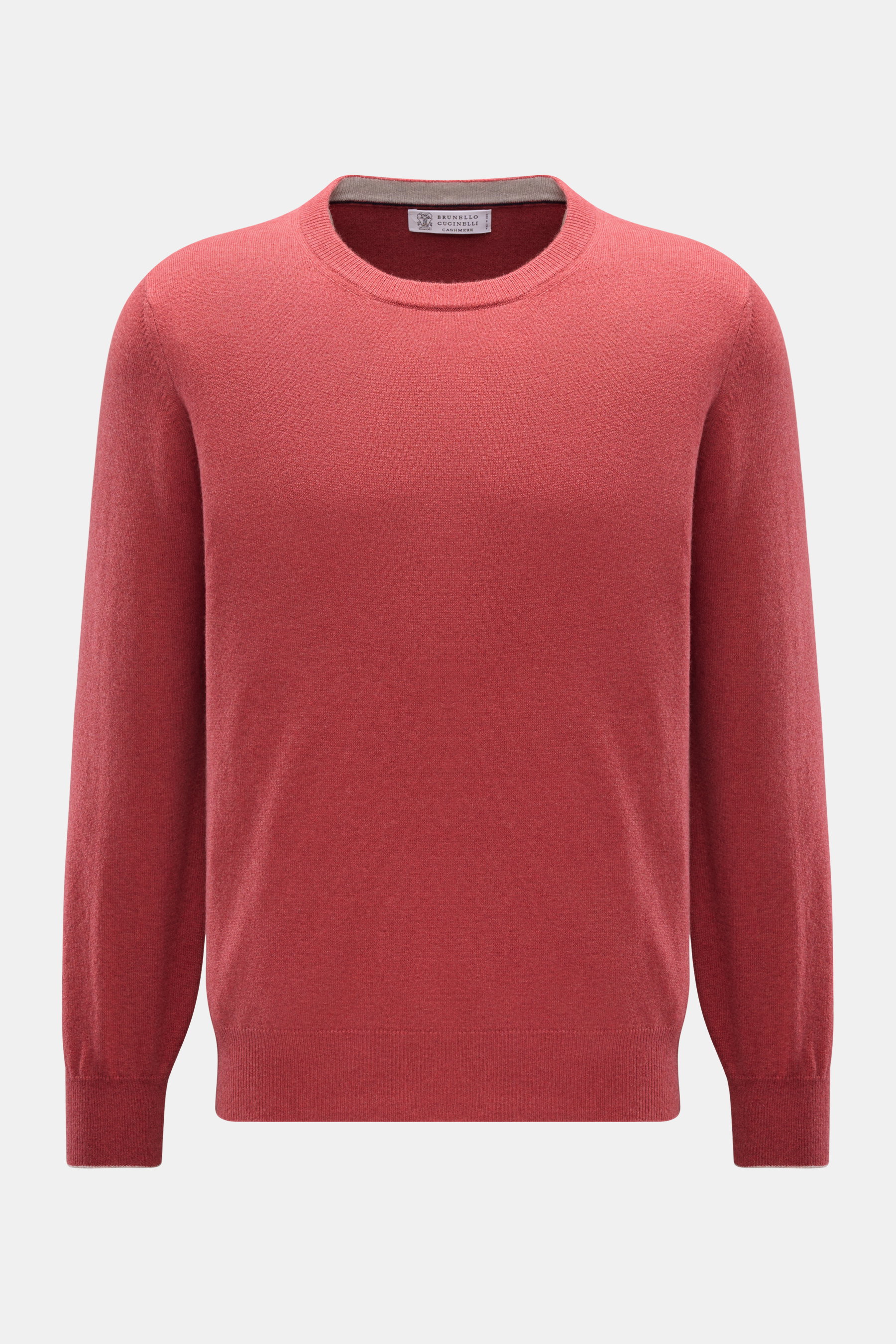 Brunello Cucinelli Cashmere Rundhalspullover hellrot, Frontansicht, feines Strickbild, schmale Kontrastkanten, Regular Fit, weicher Griff, Rundhalsausschnitt.