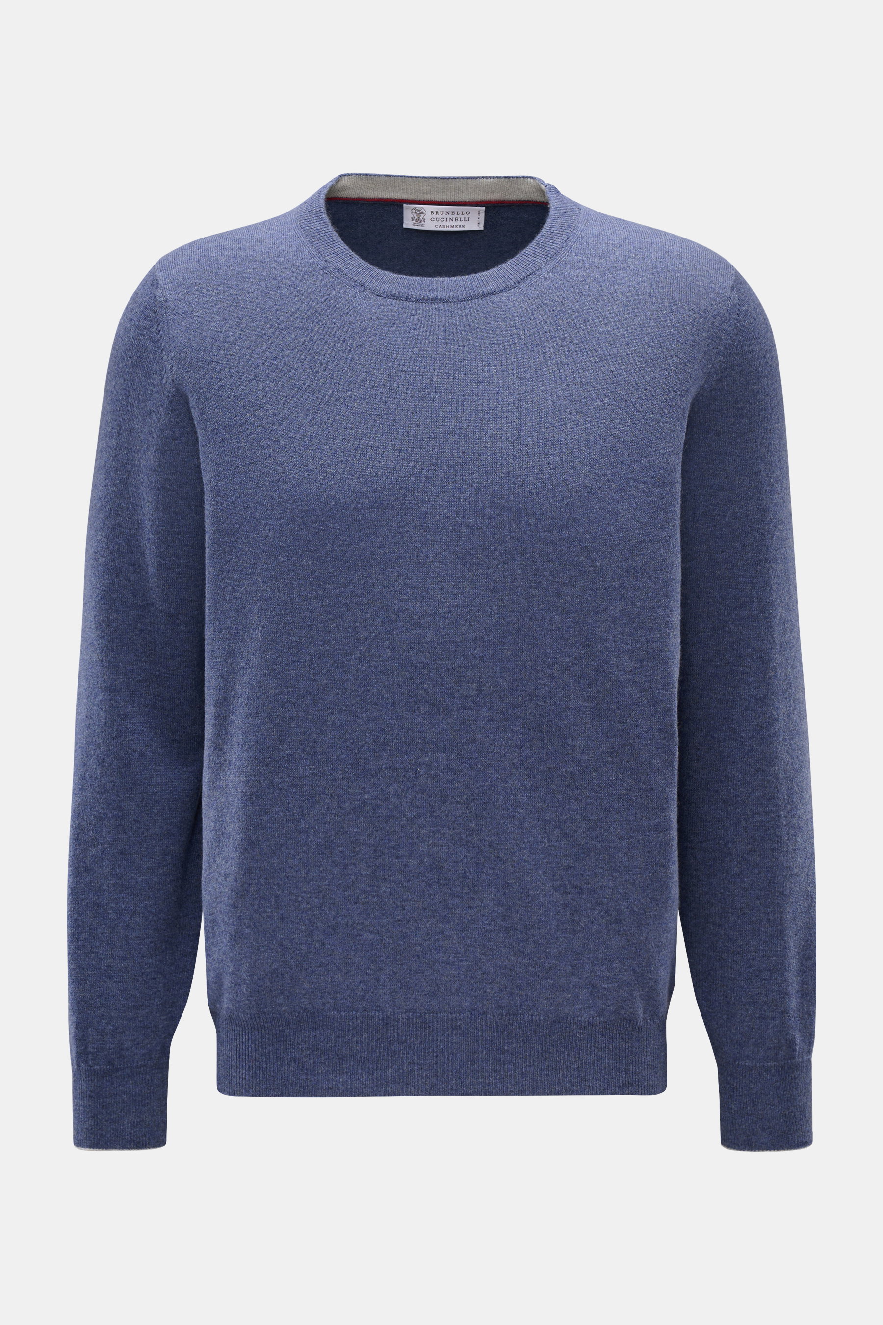Brunello Cucinelli Cashmere Rundhalspullover blau meliert, frontale Nahaufnahme, feines Strickbild, schmale Kontrastkanten, Regular Fit, weich und warm.