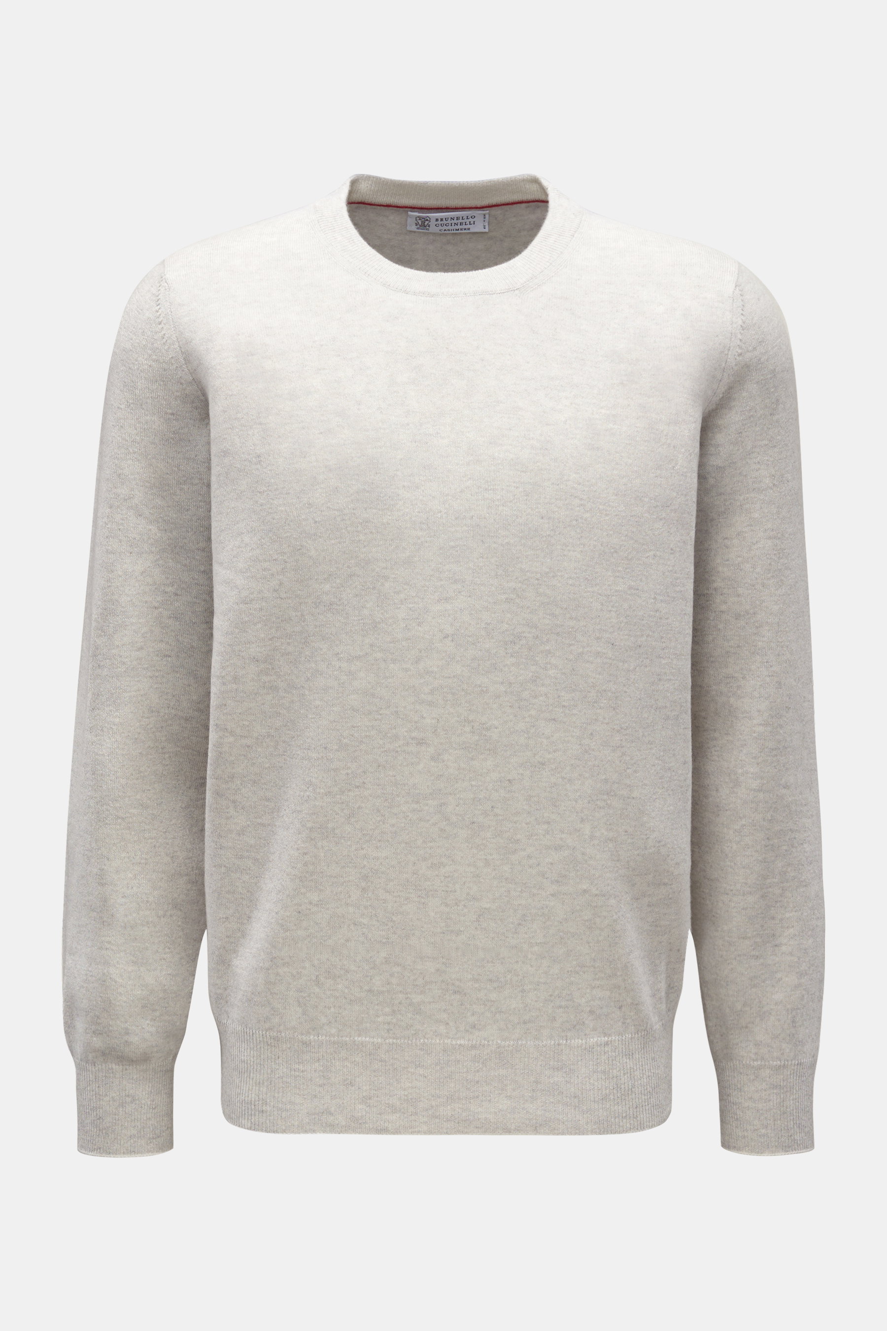 Brunello Cucinelli Cashmere Rundhalspullover hellgrau, frontale Ansicht, reiner Cashmere, weicher Griff, feines Strickbild, schmale Kontrastkanten, Regular Fit.