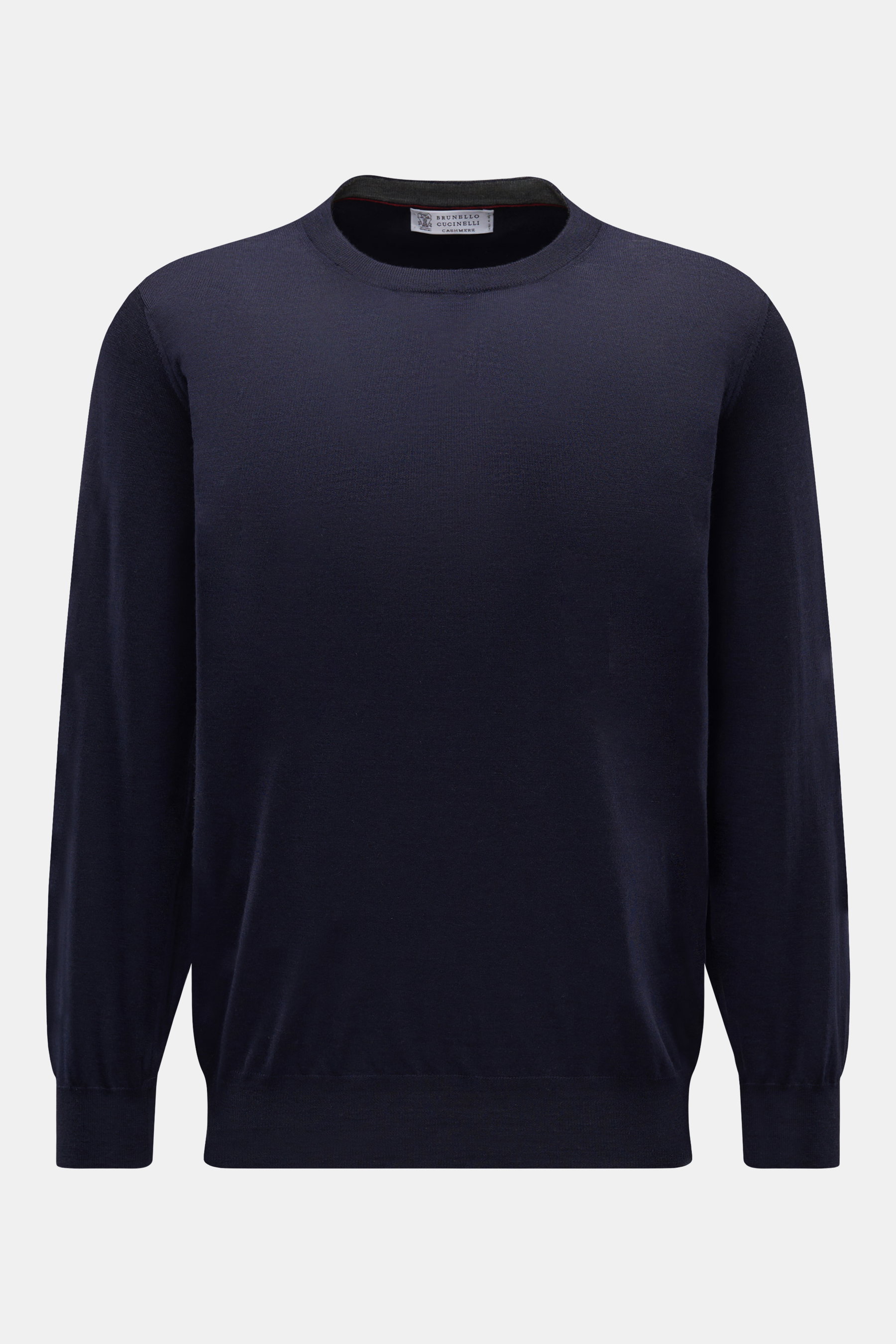 Brunello Cucinelli Rundhalspullover navy, frontale Ansicht, feiner Strick aus Wolle und Cashmere mit schmalen Kontrastkanten, Regular Fit, flexible Rippbündchen.