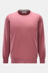 Brunello Cucinelli Rundhalspullover altrosa, Frontansicht, feiner Strick aus Wolle und Cashmere, Regular Fit, schmale Kontrastkanten, flexible Rippbündchen