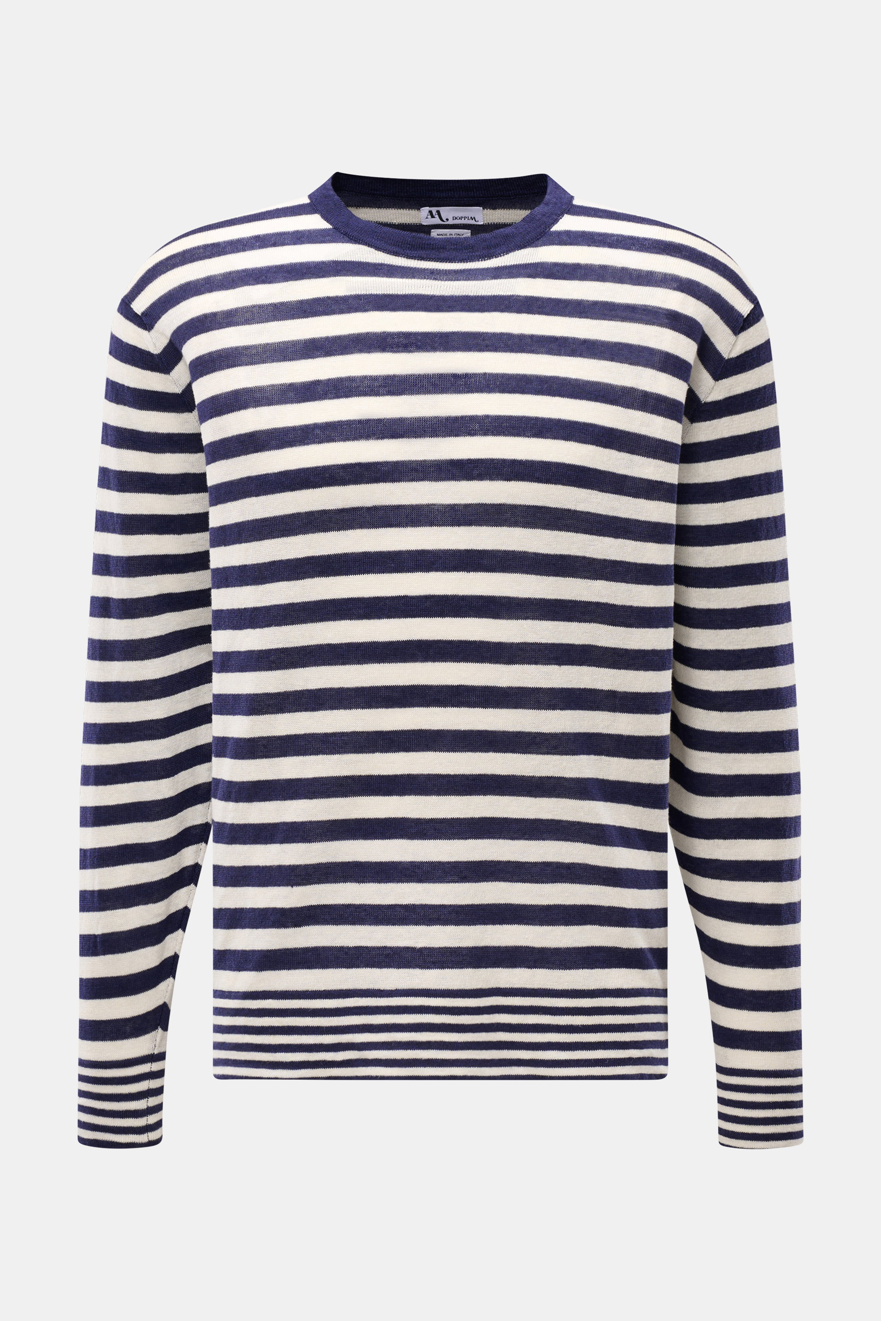 Doppiaa Rundhalspullover 'Aalfeo' navy/creme gestreift, frontal fotografiert, aus reinem Leinen, weicher Griff, feines Strickbild, Regular Fit, Rundhalsausschnitt, kurze Saumschlitze, maritimes Streifenmuster, sommerliches Essential.