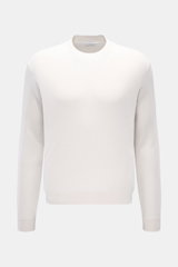 Front view of Iris von Arnim Cashmere-Seide Feinstrick-Rundhalspullover 'Presano' offwhite, a lightweight luxury sweater with a fine piqué structure, round neckline, regular fit, soft cashmere and silk blend, and comfortable ribbed cuffs.