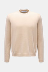 Front view of Iris von Arnim Cashmere-Seide Rundhalspullover 'Amiro' beige, a lightweight round neck sweater blending cashmere and silk with a fine knit, soft touch, regular fit, and ribbed cuffs. <p>Der Rundhalspullover 'Amiro' bringt den Luxus von IRIS 