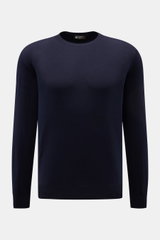 Colombo Rundhalspullover navy, vorne frontal fotografiert, aus reiner Kid Wool, Regular Fit, Rundhalsausschnitt, weicher Griff, Rippbündchen, feiner Luxus.