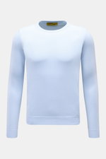 Front view of B.F. Knitwear Crew neck jumper light blue, slim fit, pure cotton with fine knit, soft feel, ribbed bands for comfort.

Description: <p>A versatile essential for spring: This crew neck jumper in pure cotton by B.F. KNITWEAR enhances any wardr